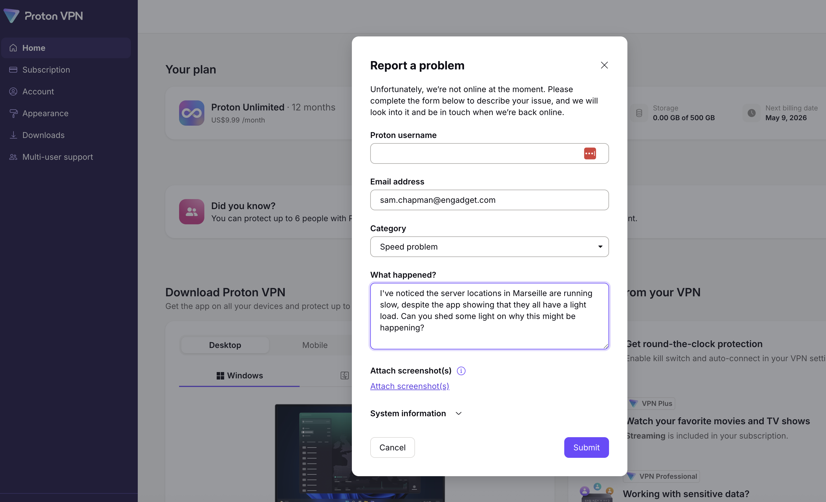 Emailing a question to the Proton VPN support team.
