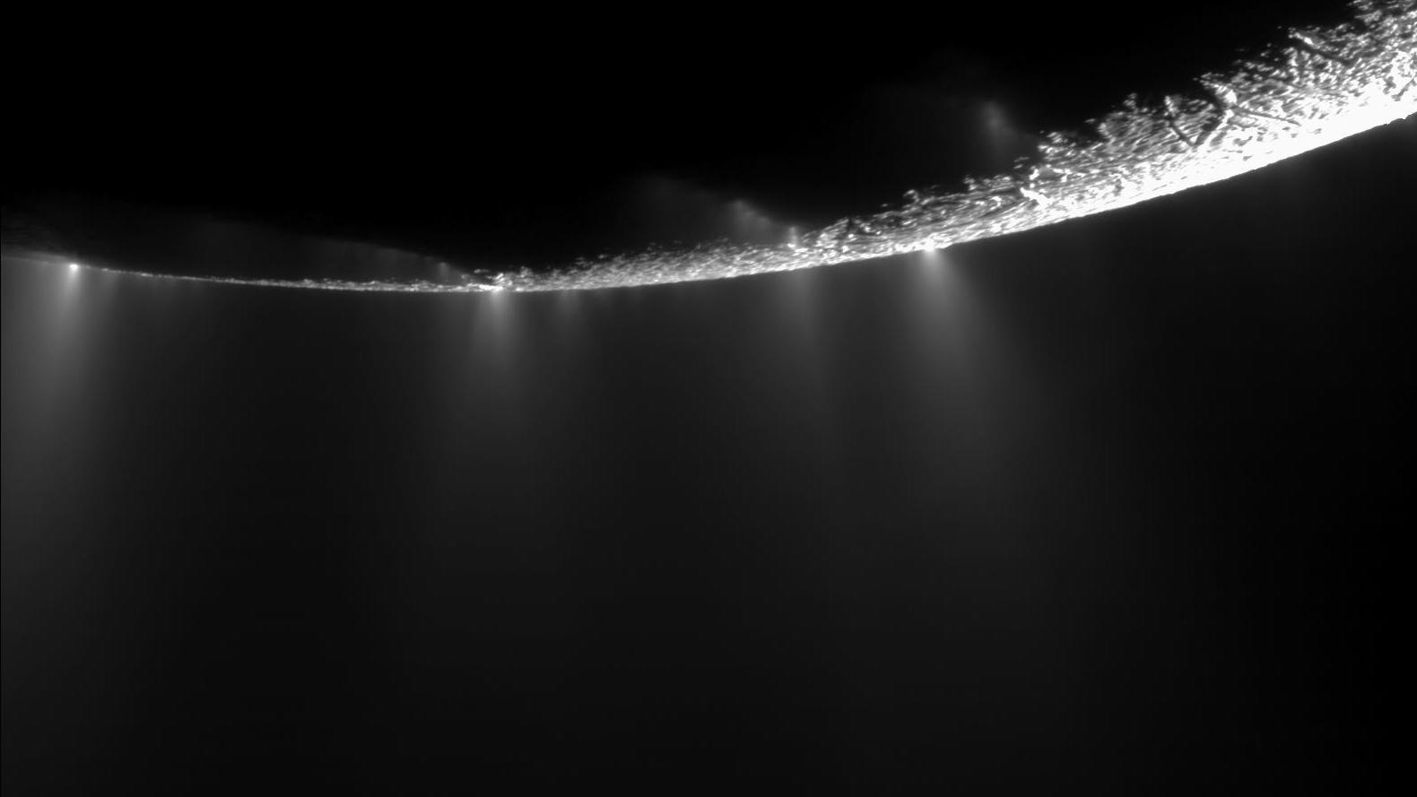 Artist's depiction of the plumes of ice water emitting from Saturn's moon Enceladus.