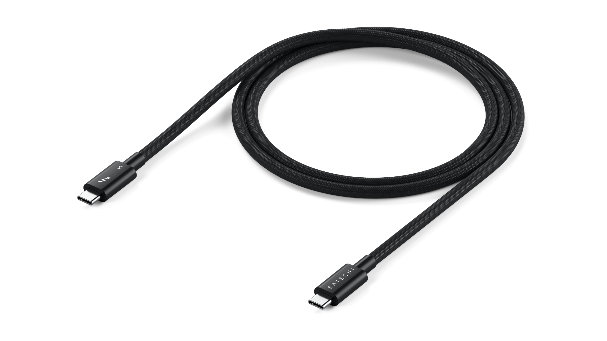The Satechi Thunderbolt 5 Pro Cable coiled on a white background.
