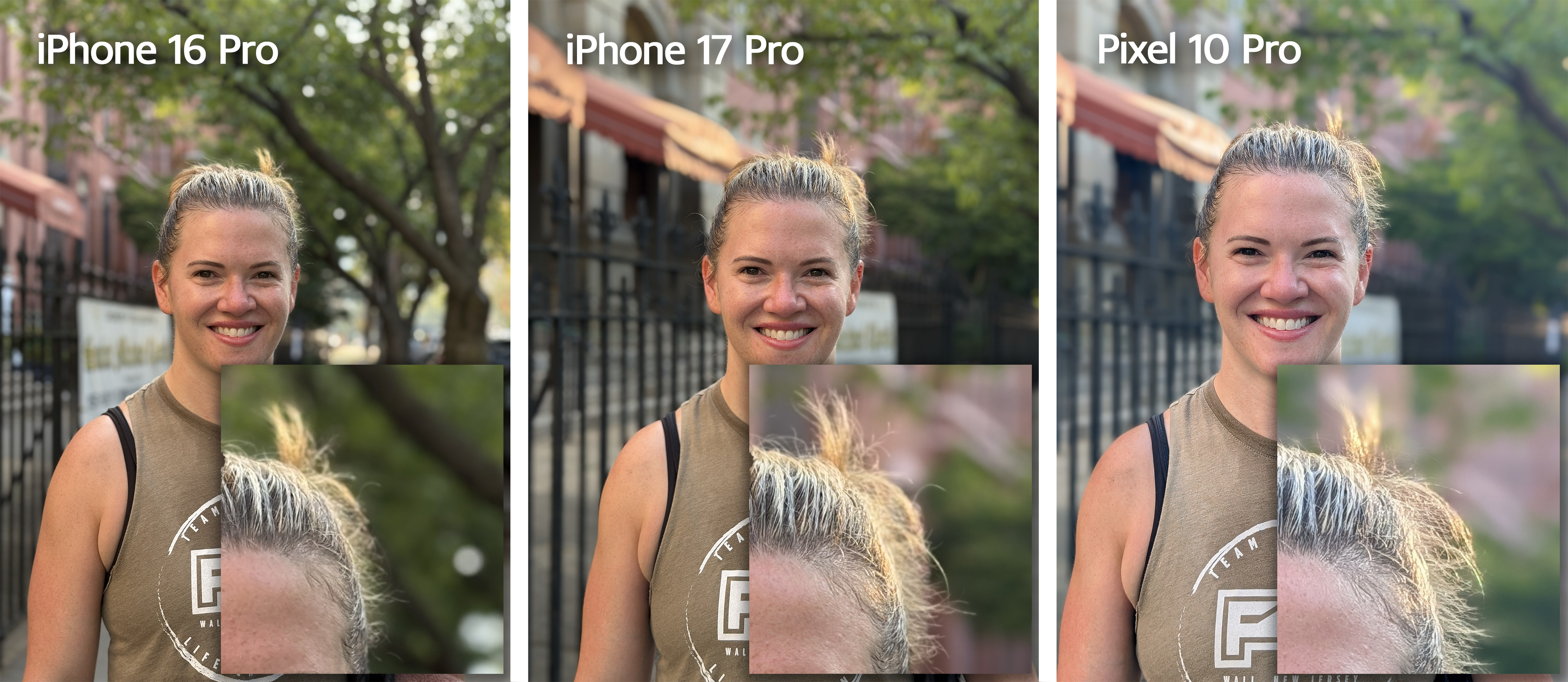 Three photo samples from the iPhone 16 Pro, iPhone 17 Pro and Pixel 10 Pro, featuring a smiling woman. They show the digitally applied background blur and have insets with closeups on the woman's hairline.