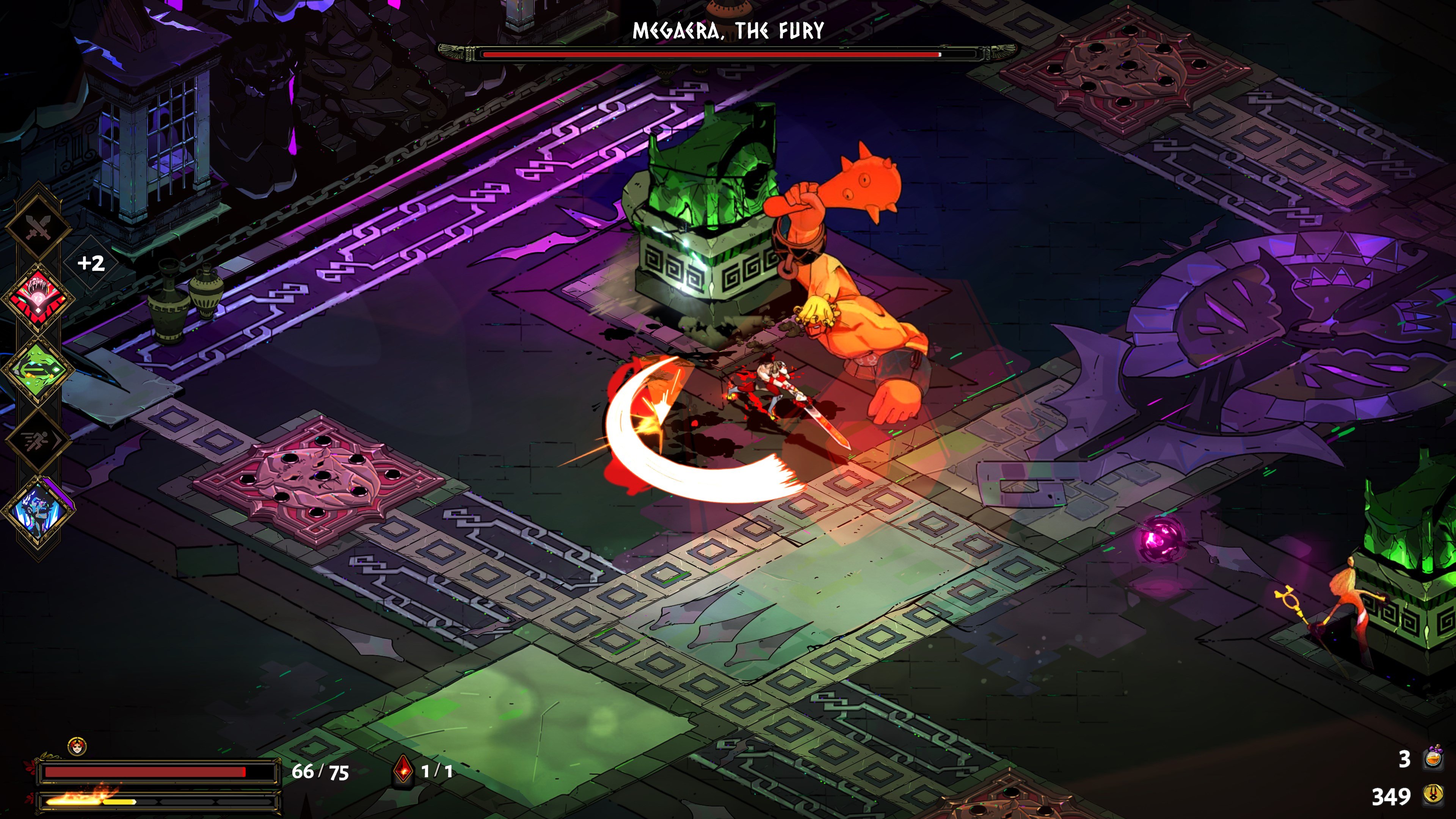 Gameplay still from Hades. Top-down slashy action.