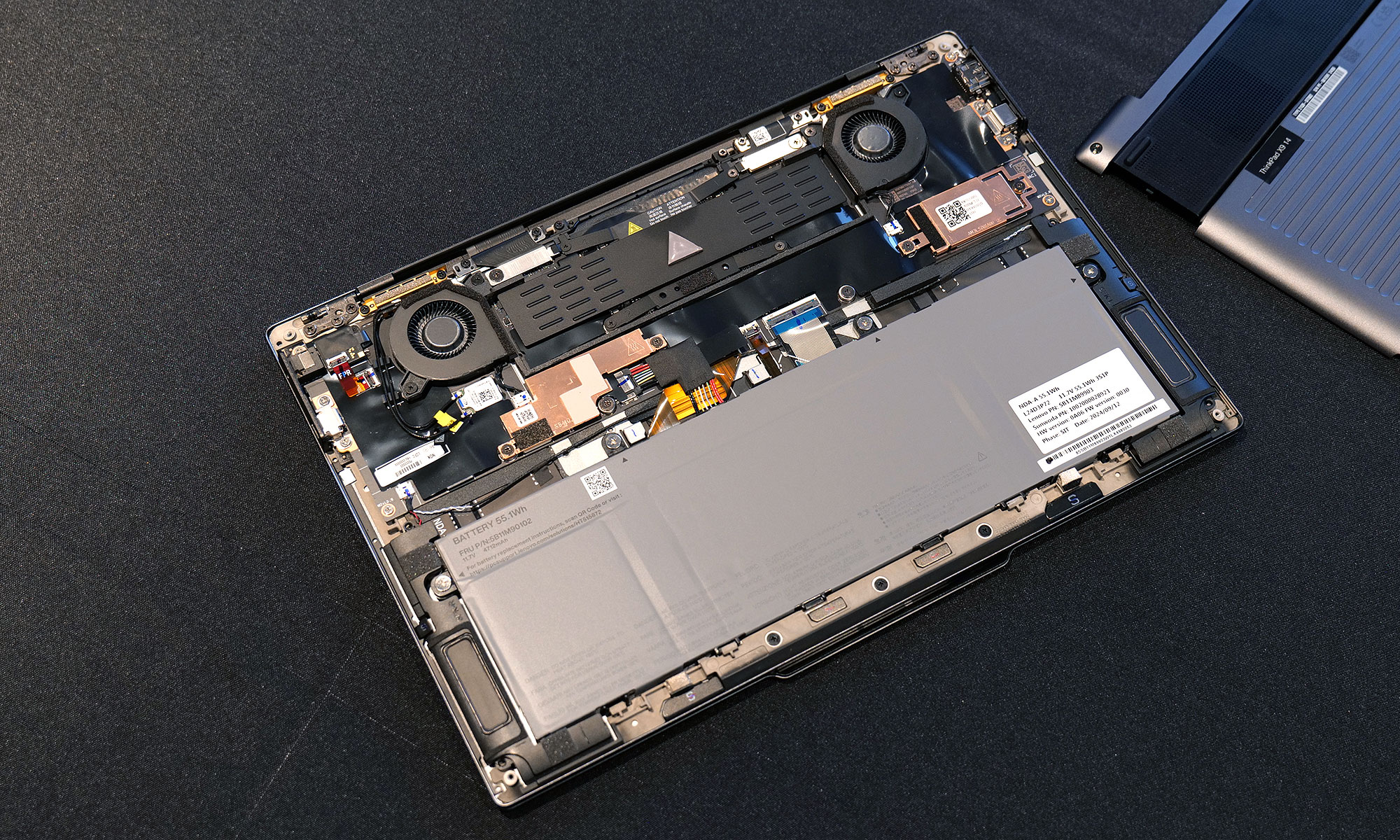 The internals of the Lenovo ThinkPad X9 14 and 15 can be accessed just by removing four screws. Unfortunately, while the SSD is upgradable, its RAM is soldered on. 