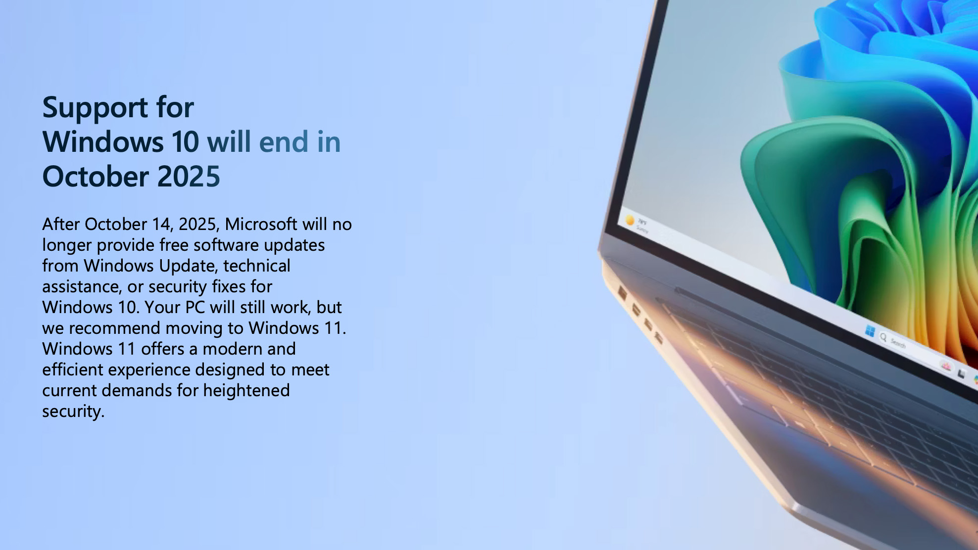 Screenshot from a Microsoft website. A Message states that the company will no longer offer free updates to Windows 10 after October 14. Blue background, with a floating Windows laptop off to the right.