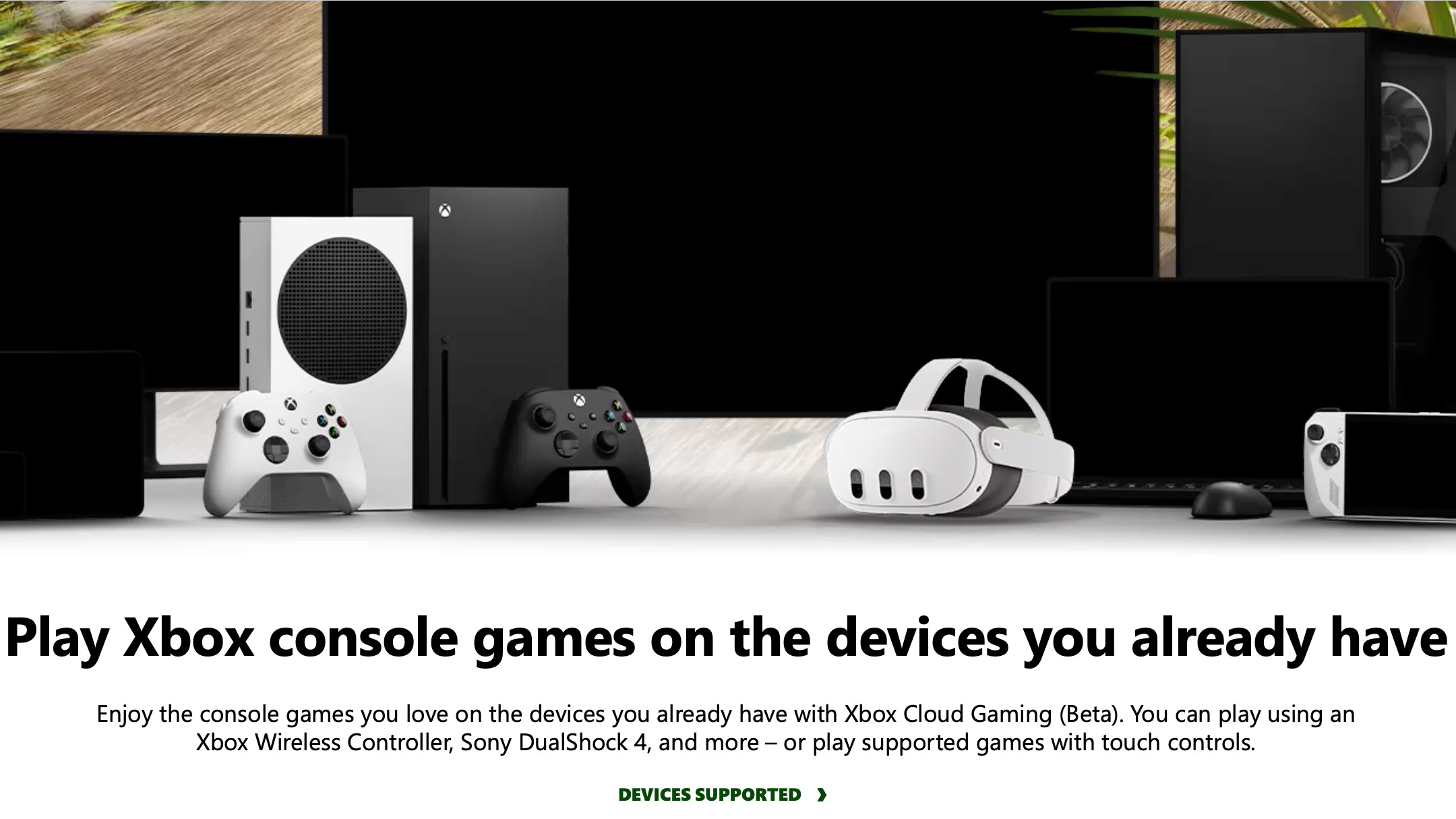 Screen from an Xbox Cloud Gaming website. A row of devices sits above the text, 