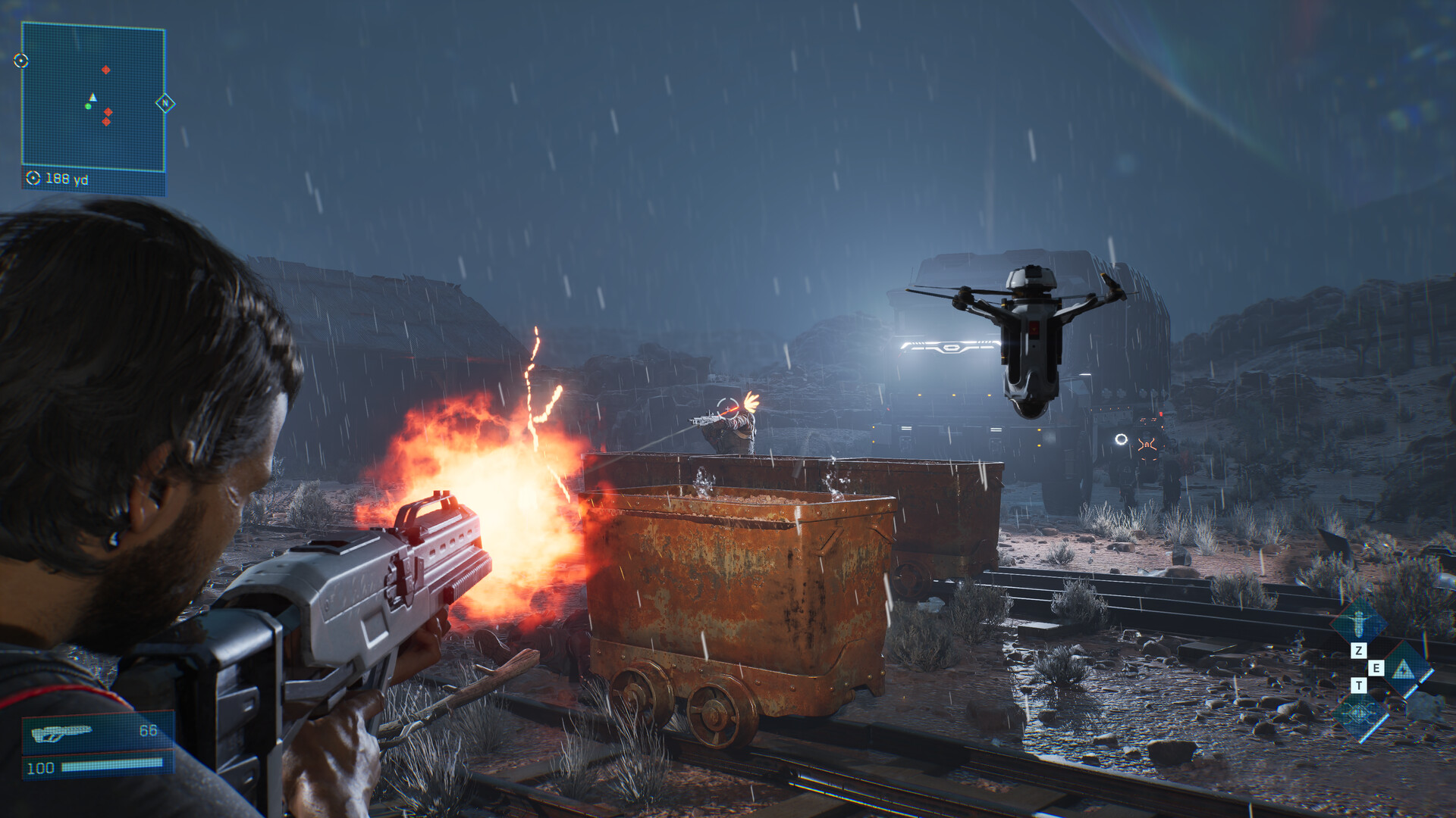 Over-the-shoulder view of the game MindsEye's protagonist shooting at drones.