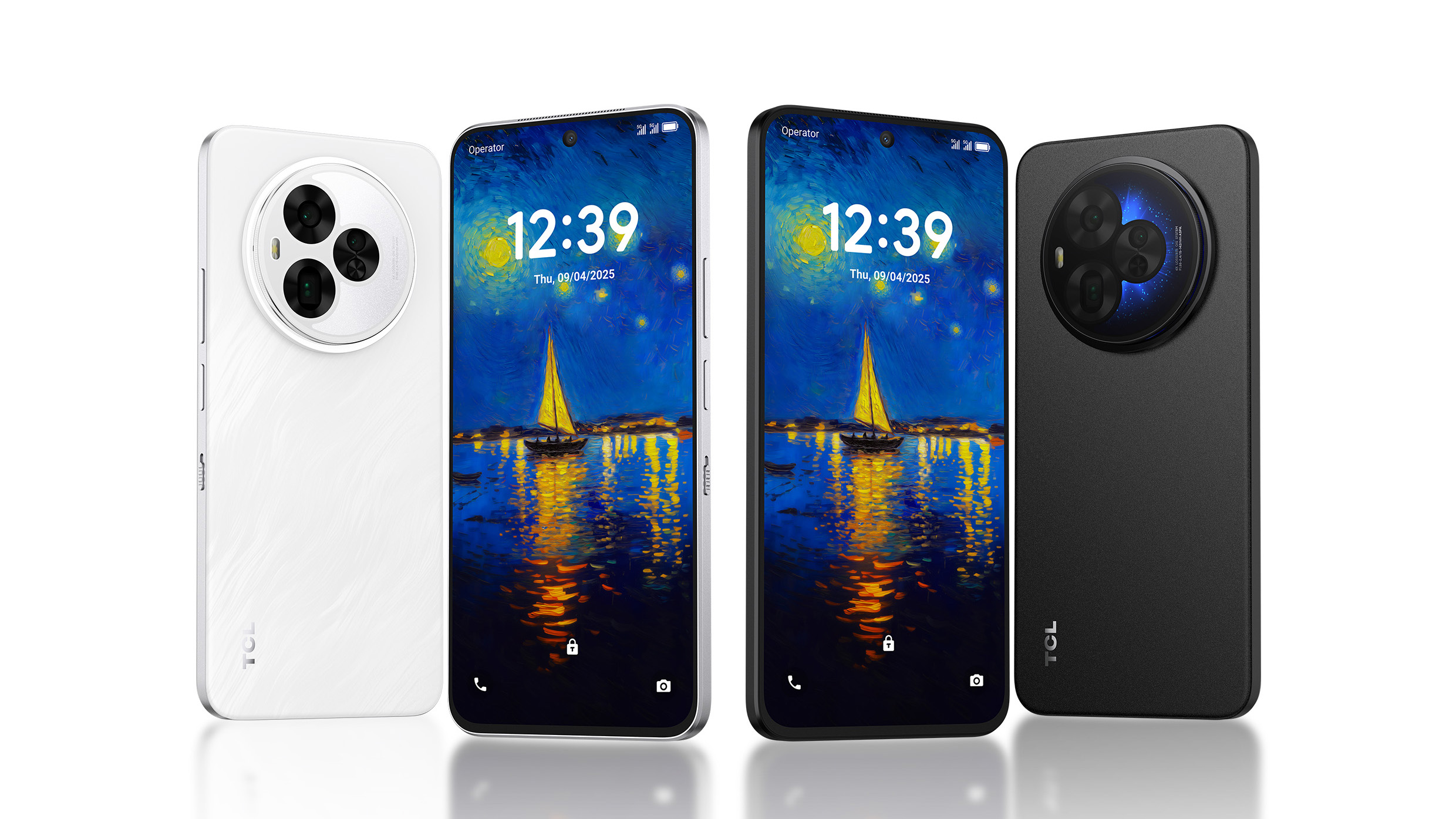 Four TCL NXTPAPER 60 Ultra smartphones: two front-facing, two back-facing.