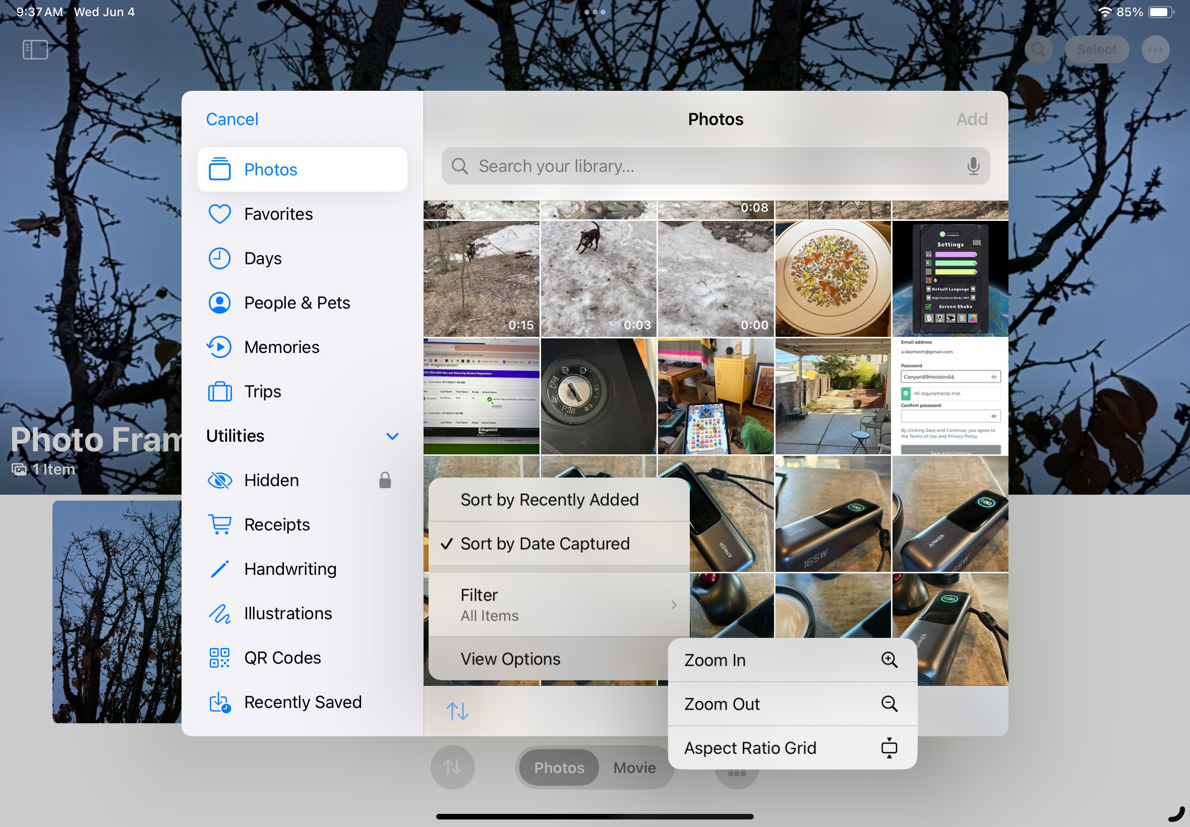 Select the Aspect Ratio Grid in the View Options menu of the Photos app so you can see which images are horizontal and which are vertical to more easily create your album. 