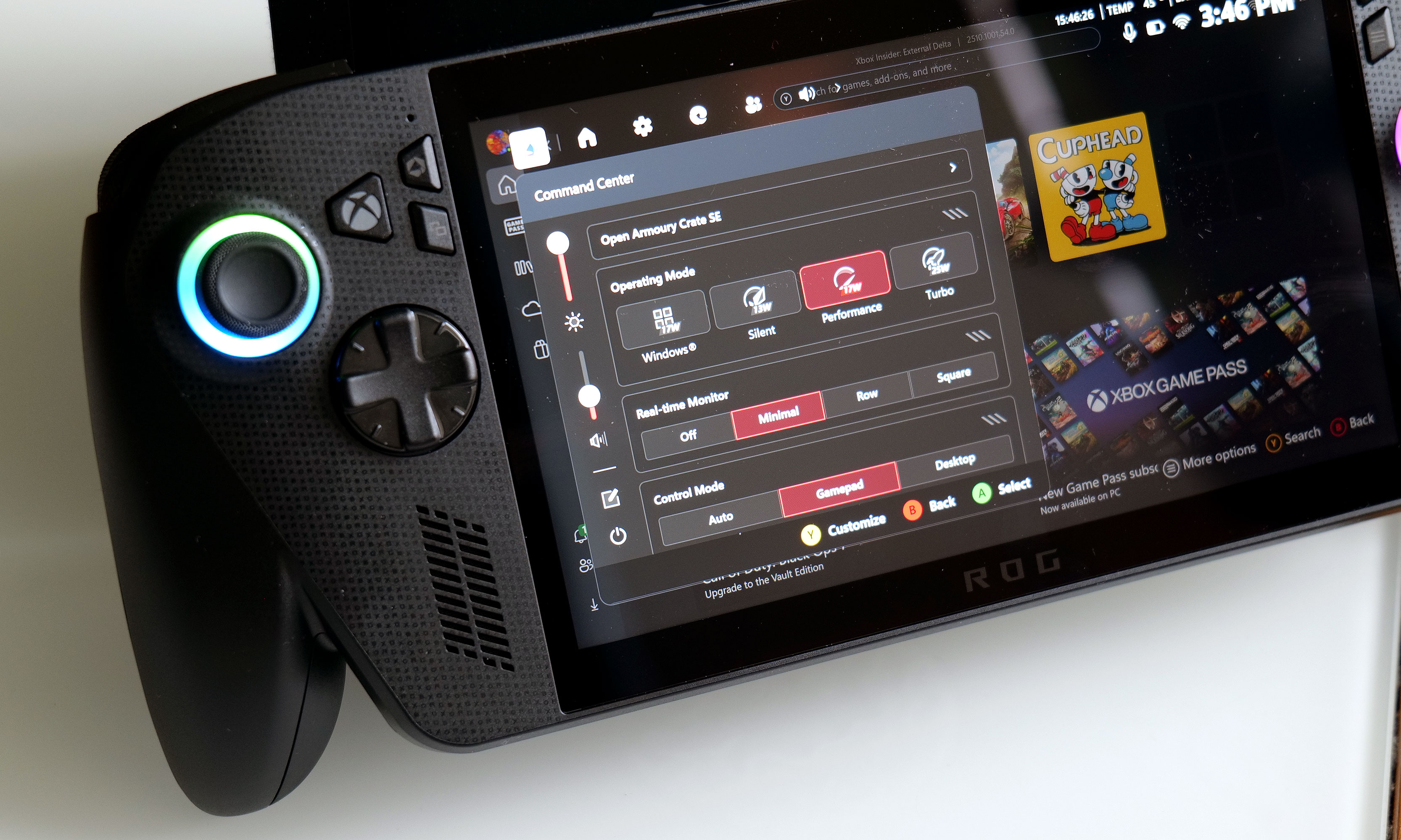 You can summon the ASUS ROG Xbox Ally X's Command Center by pressing the Xbox button, which gives you quick access to things like performance modes, control settings, Wi-Fi and much more. 