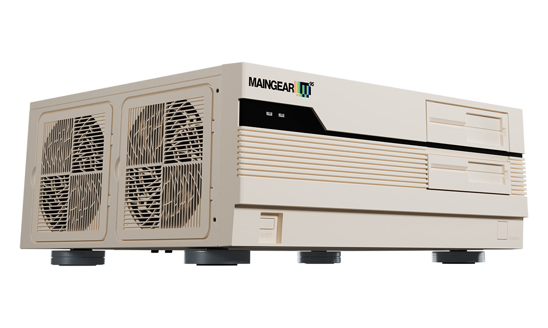 Product image of the Maingear Retro95 PC. It has a retro beige horizontal design.