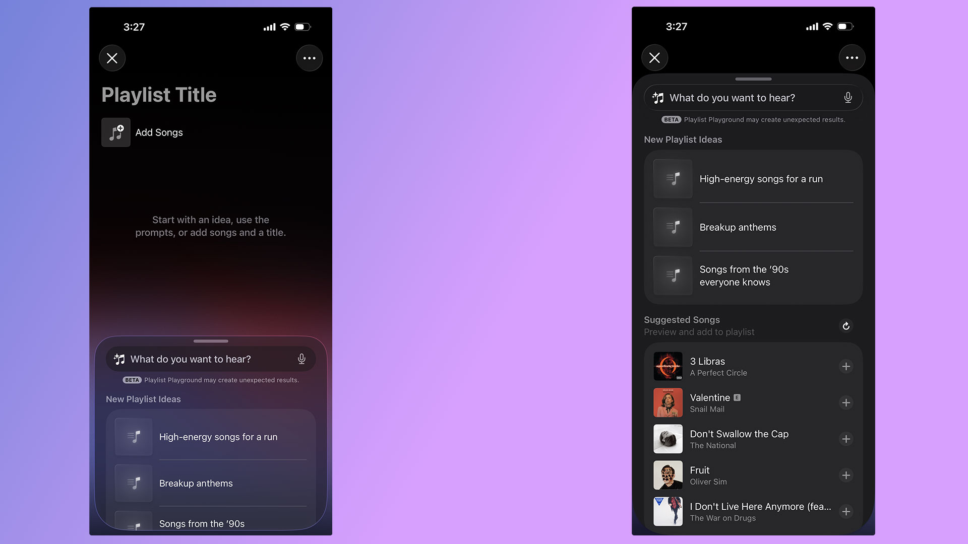 A pair of screenshots showing off Apple Music's new Playlist Playground feature. 