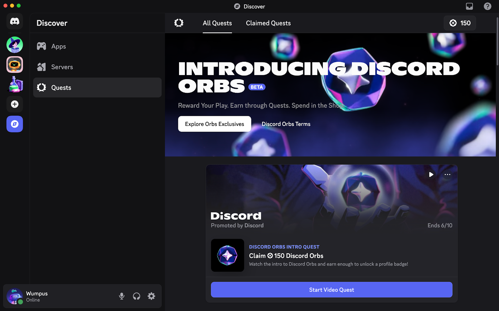 Discord splash screen introducing Orbs virtual currency.