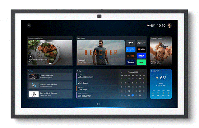 An animated image showing the Alexa+ experience on an Echo Show device. It goes from the home screen with multiple tiles displaying widgets for weather, calendar, entertainment and news, to the chat interface with the assistant answering a question about hiking recommendations nearby.