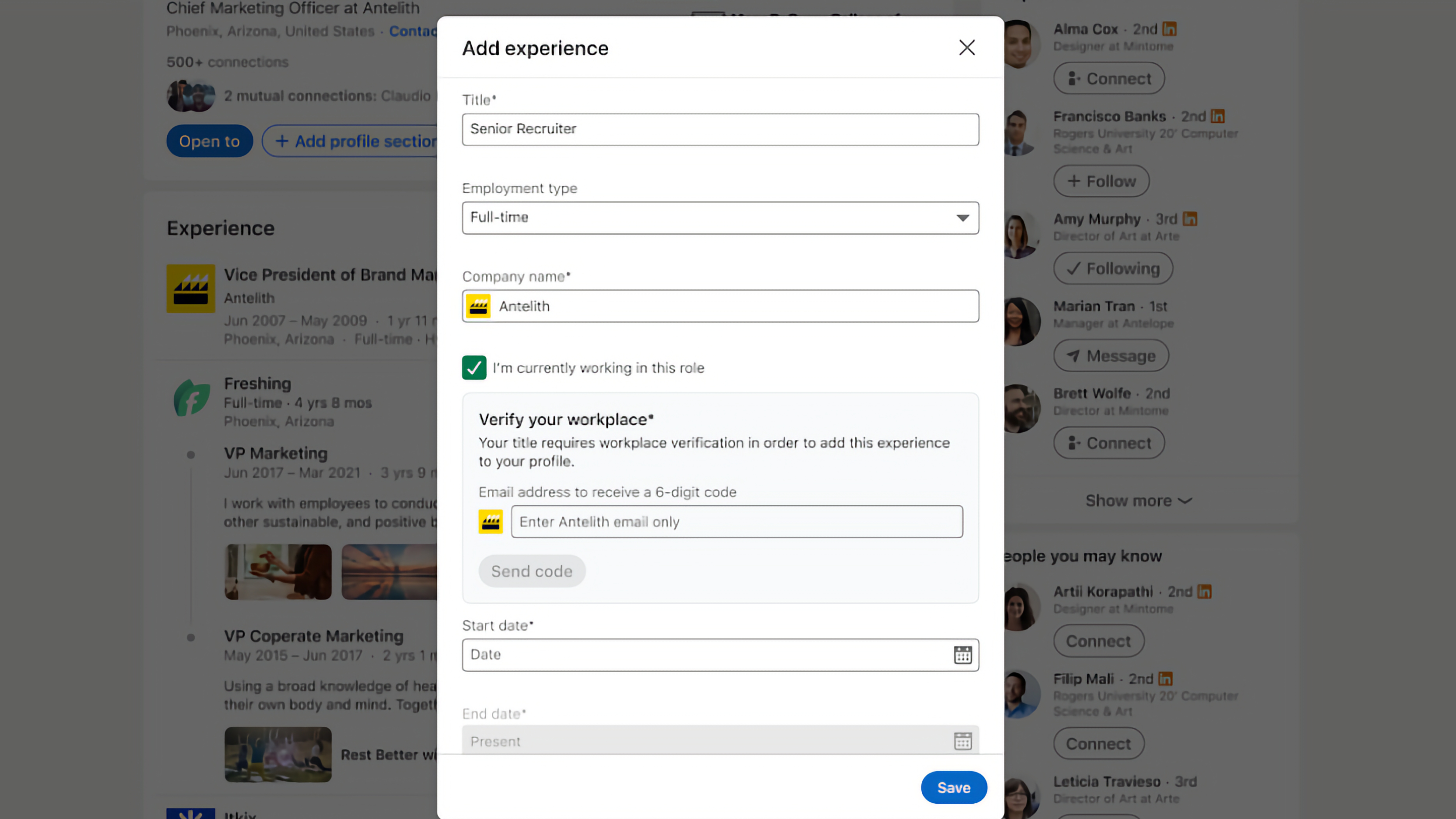 The new workplace verification feature that will appear when recruiters and executives update their LinkedIn profiles.