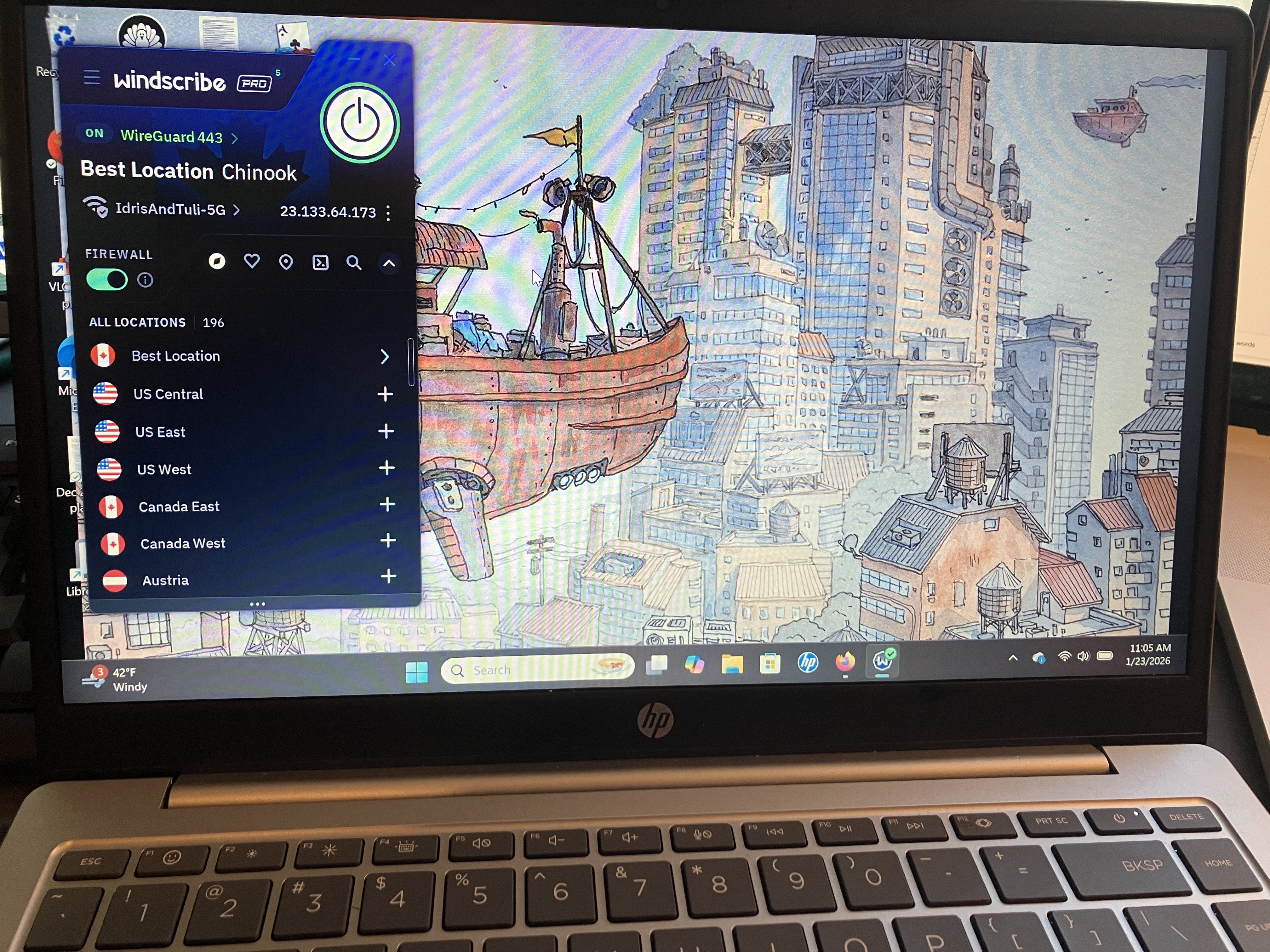Windscribe's UI on a Windows laptop.