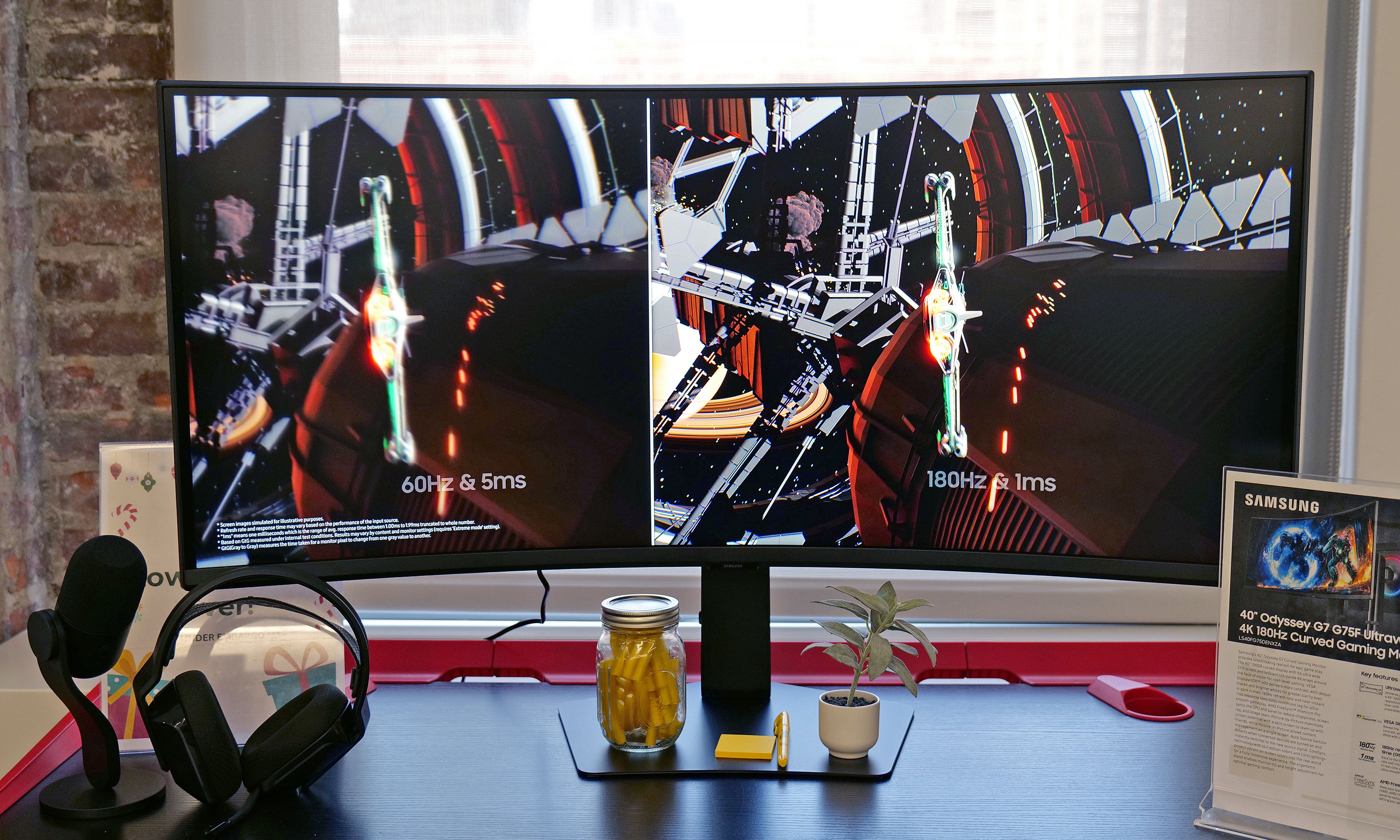 The Samsung 40-inch Odyssey G7 features a 1000R curved display and ultra-wide 21:9 aspect ratio using a VA panel with 350 nits of brightness. 