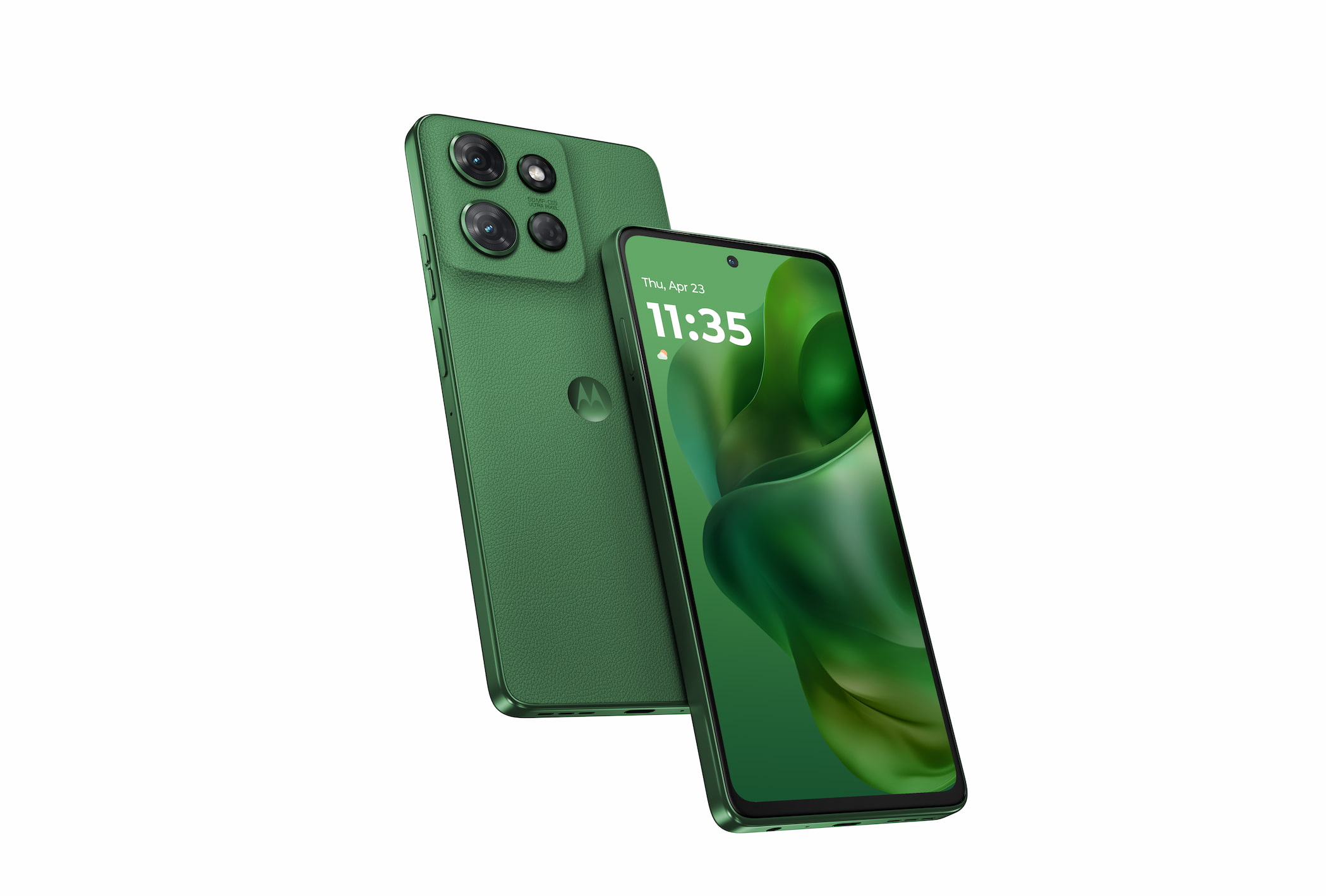 Moto G Power 2025 phone in green shown from the front and rear.