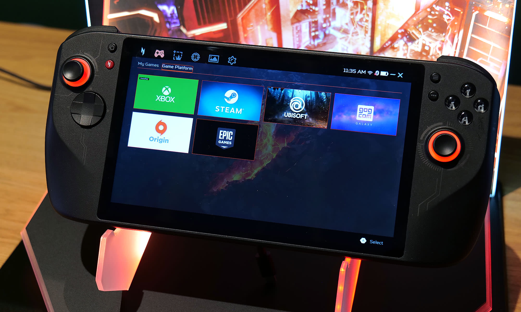 A black Acer Nitro Blaze 8 handheld displaying different game storefronts it can connect to.