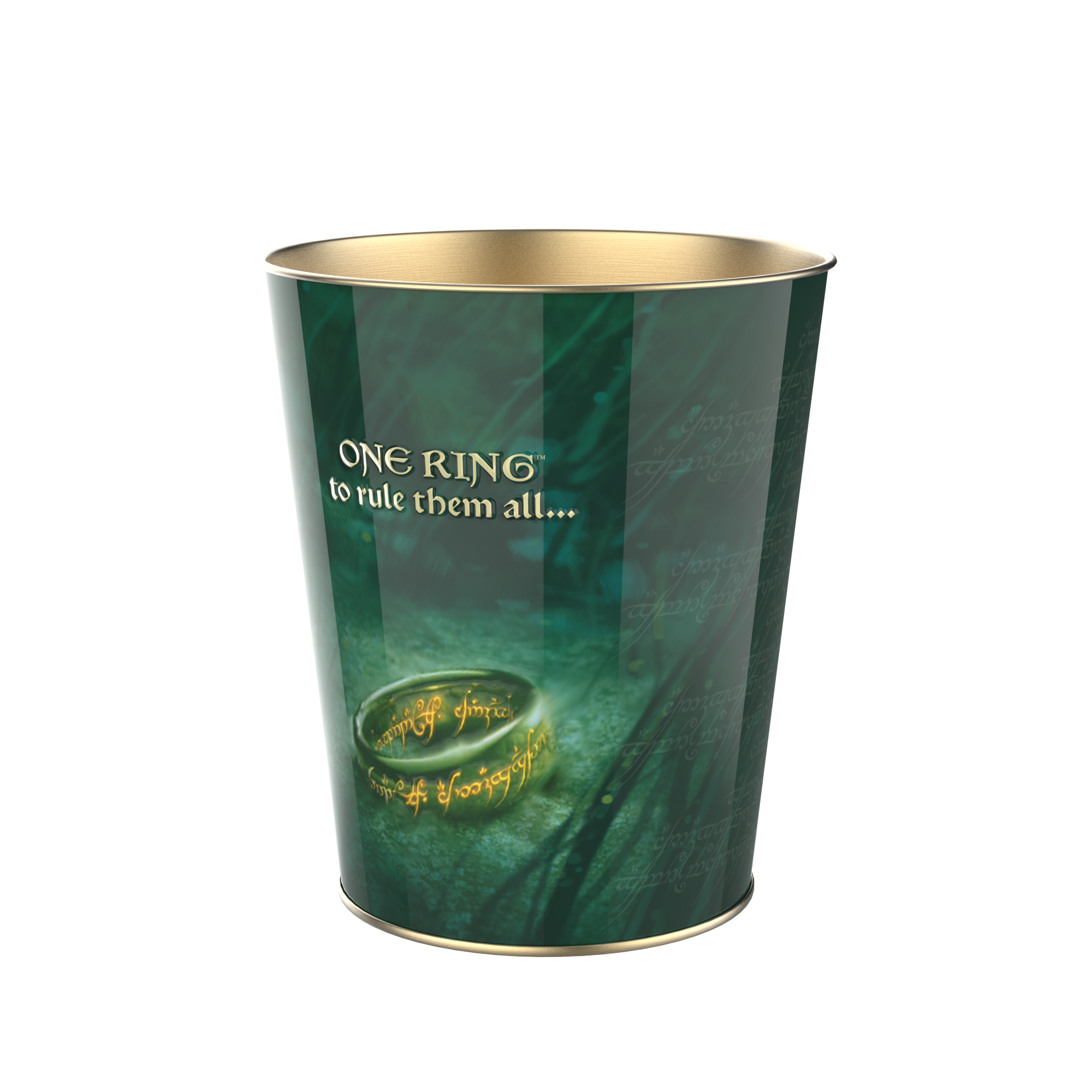 Popcorn buckets showing unique designs for the LOTR 25th anniversary theatrical rereleases.