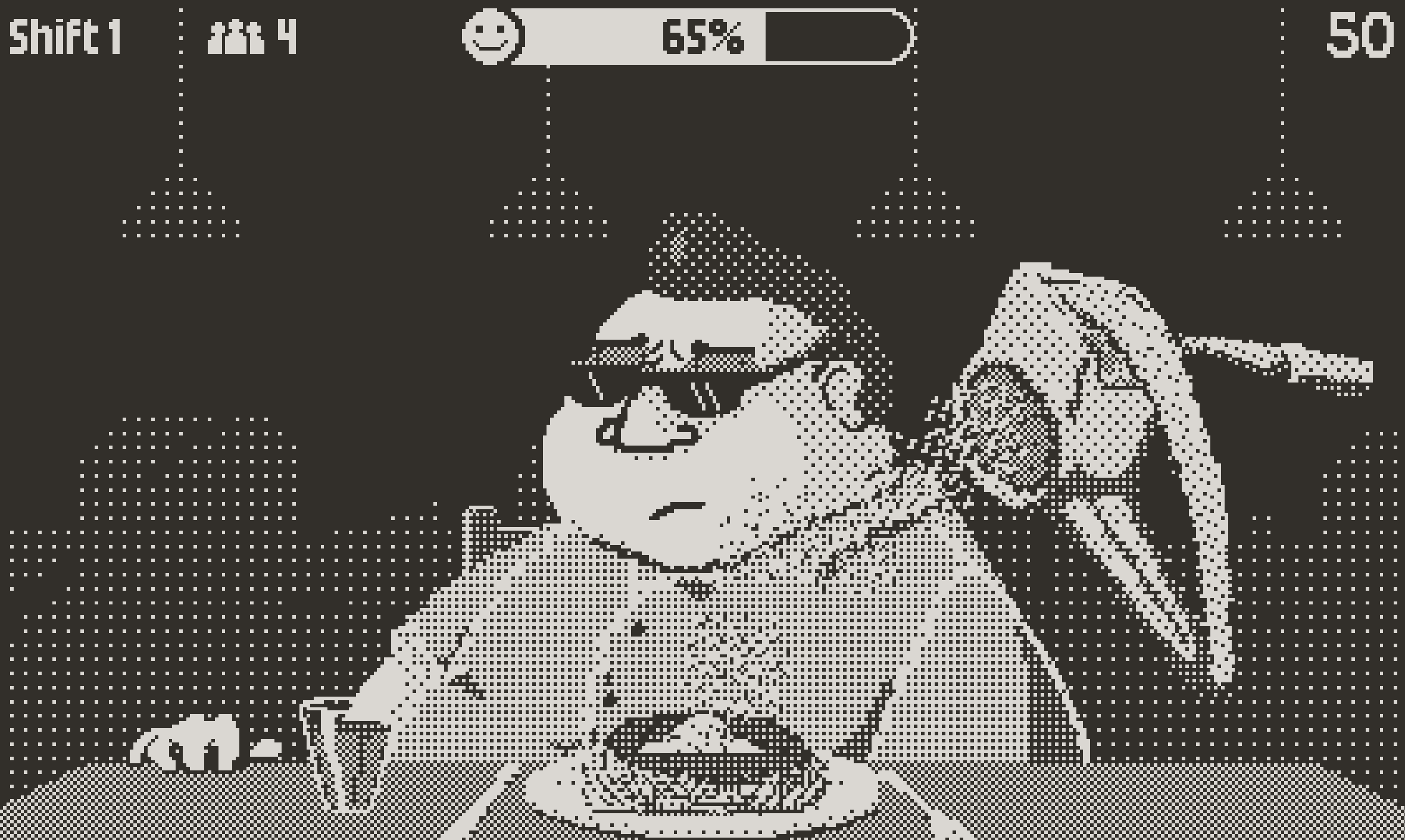 A still from the Playdate game Say When! showing a man wearing dark sunglasses sitting at a table, with a dish in front of him. Grated cheese is pouring onto the dish from a cheese grater that floats above it