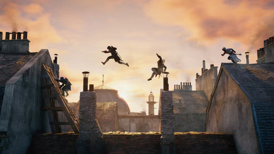 Assassin's leaping across rooftops in a historical setting.