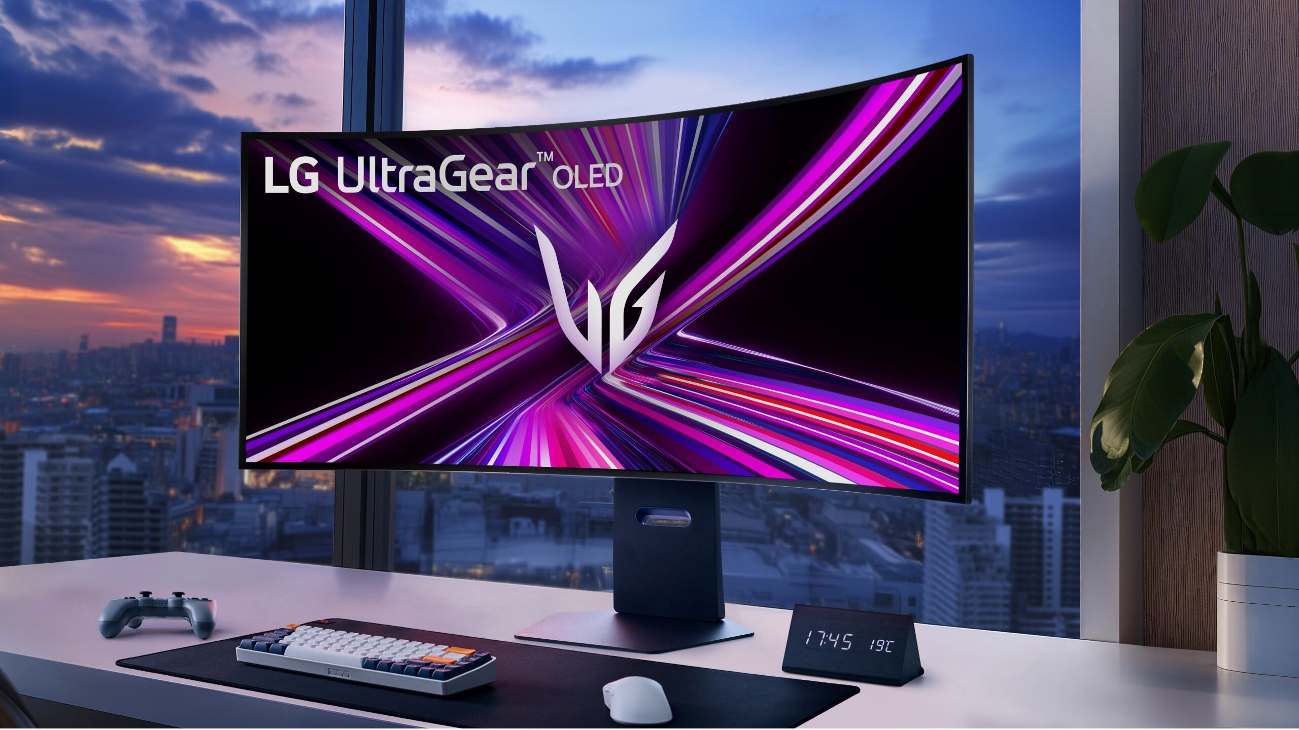 A curved, 45-inch LG monitor on a desk with a keyboard and mouse.