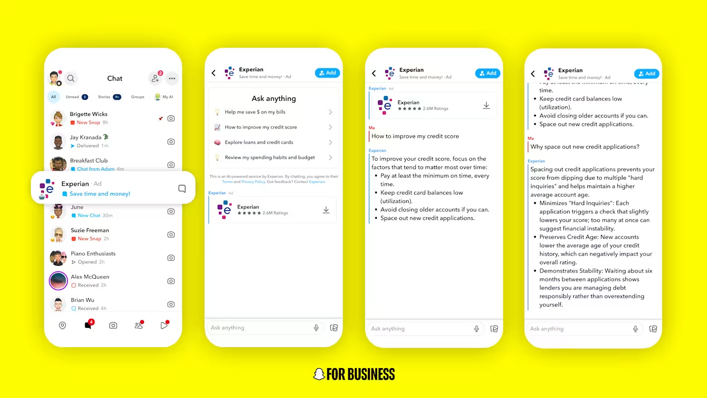 Four screenshots, showing the process of chatting with a sponsored AI agent.