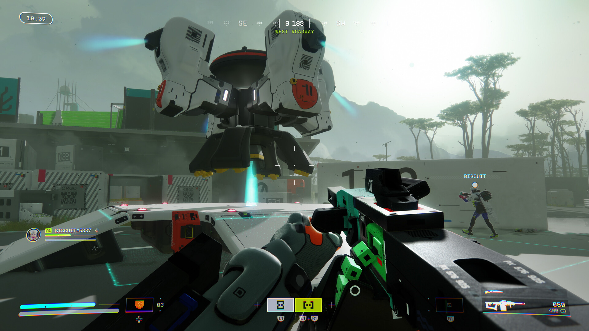 Gameplay still from the game Marathon. The player (first-person) holds a space rifle. A small ship levitates.