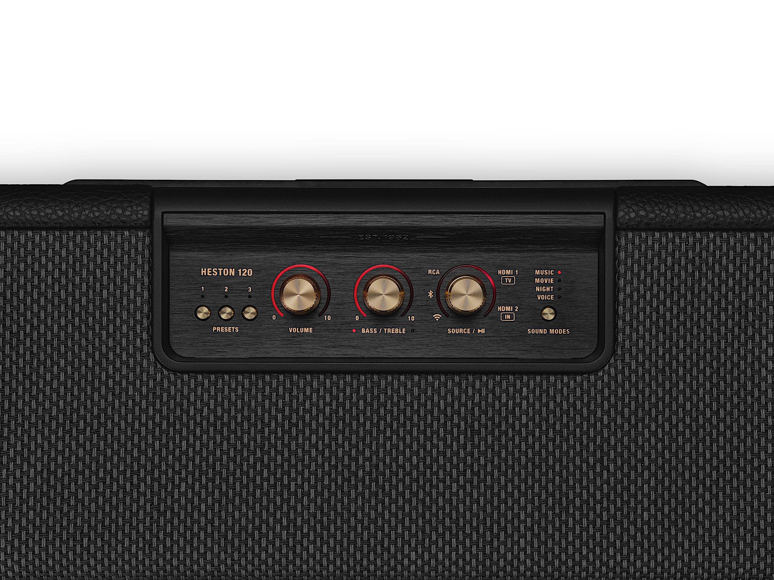 Marshall's Heston 120 soundbar has controls similar to its guitar amps. 