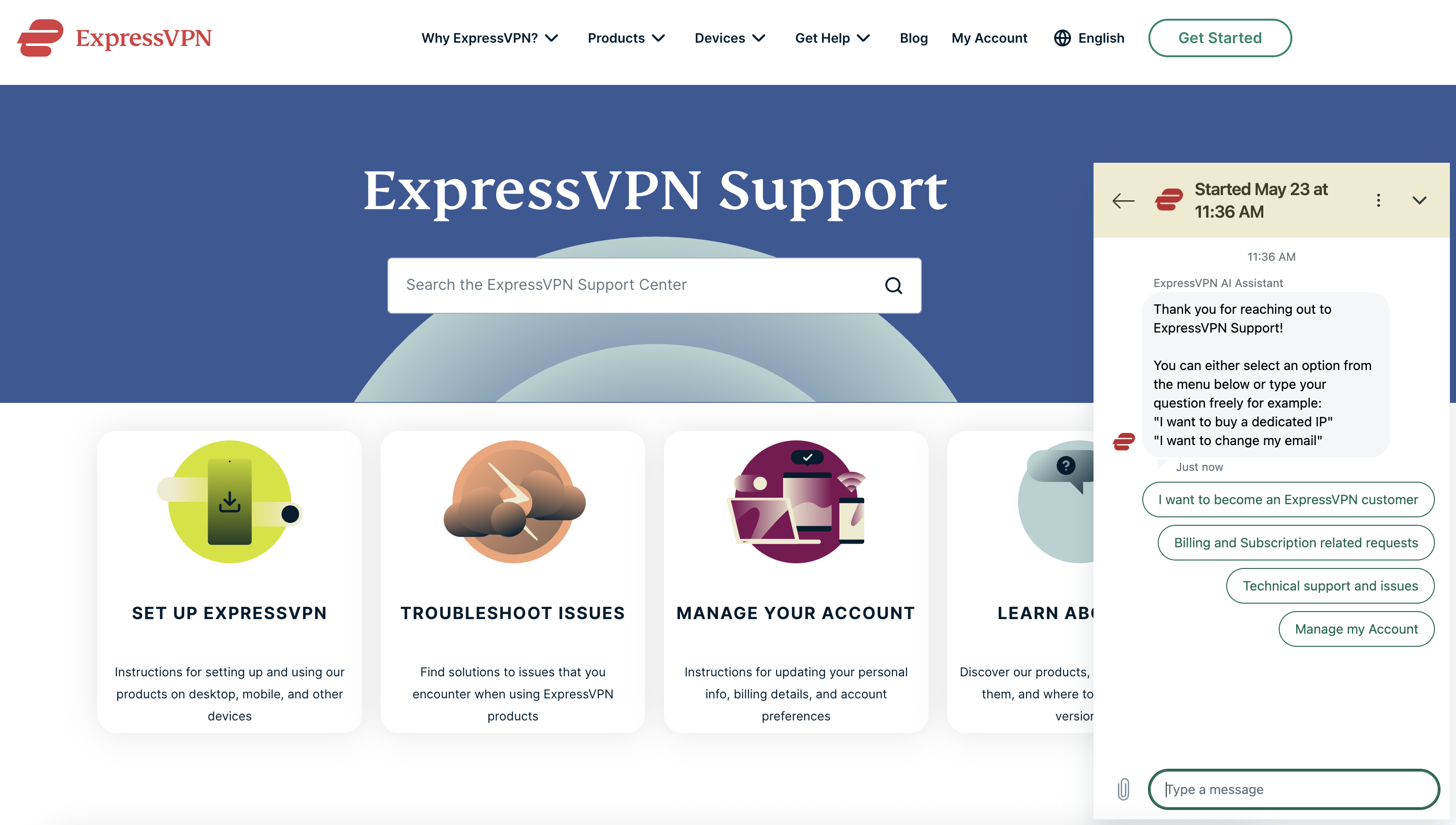 Live chat is in the bottom-right corner of every page of expressvpn.com.
