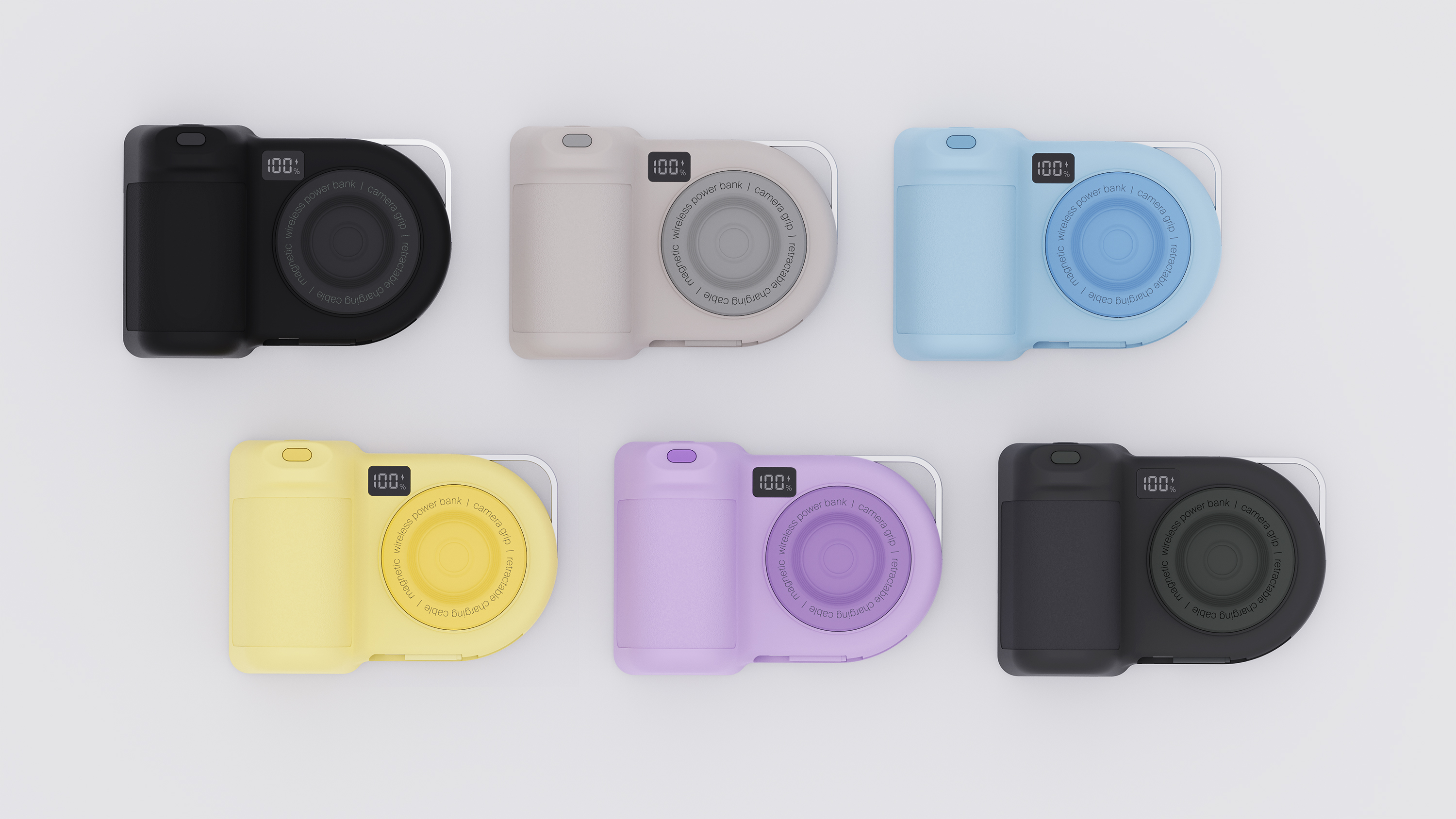 Six colors of the Belkin Stage PowerGrip accessory against a white background.