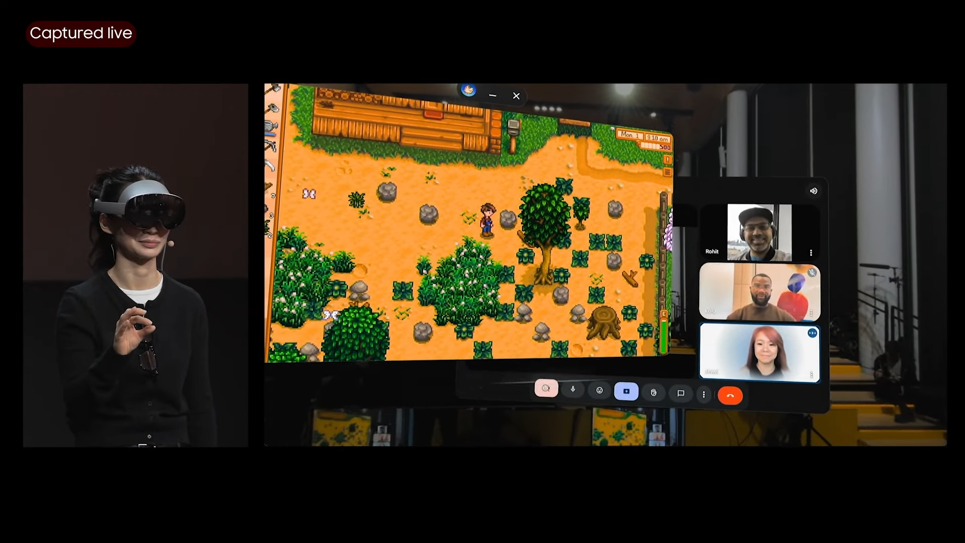 With Galaxy XR, you can split screen between a game like Stardew Valley and a real-time video chat.