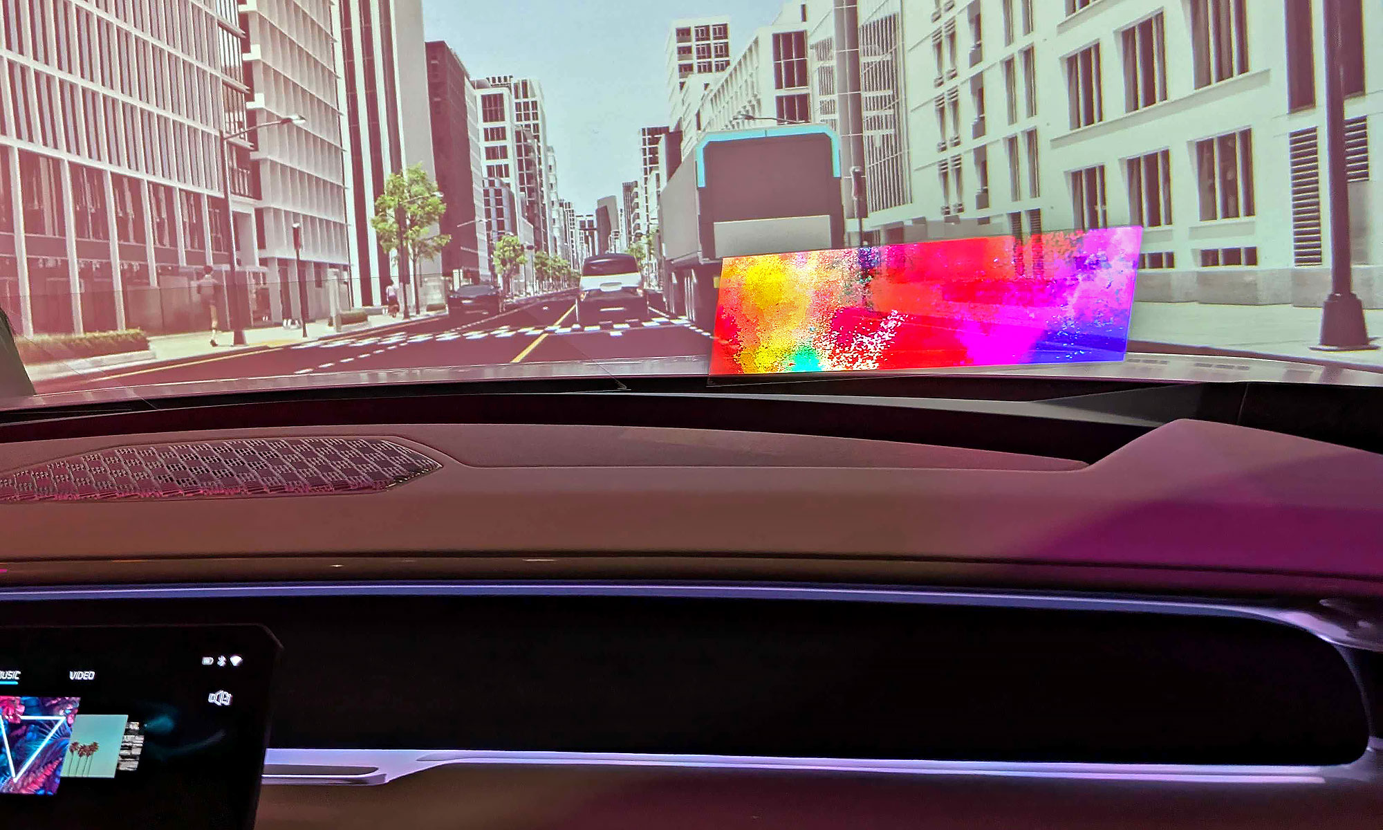 A passenger-side view of Hyundai Mobis' HWD. Notice how you can't see the two sections of the display on the driver's side of the car.  