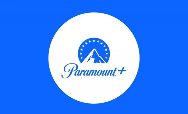 The Paramount Plus logo on a white circle on a blue background.
