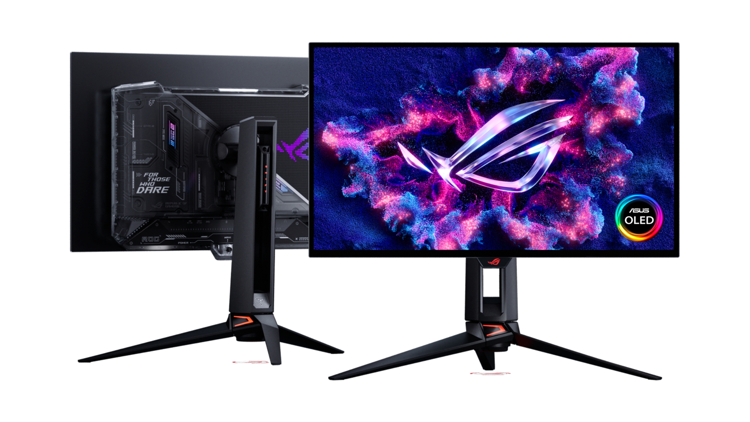 The back and front of ASUS' new ROG Swift monitor with a Tandem OLED panel.