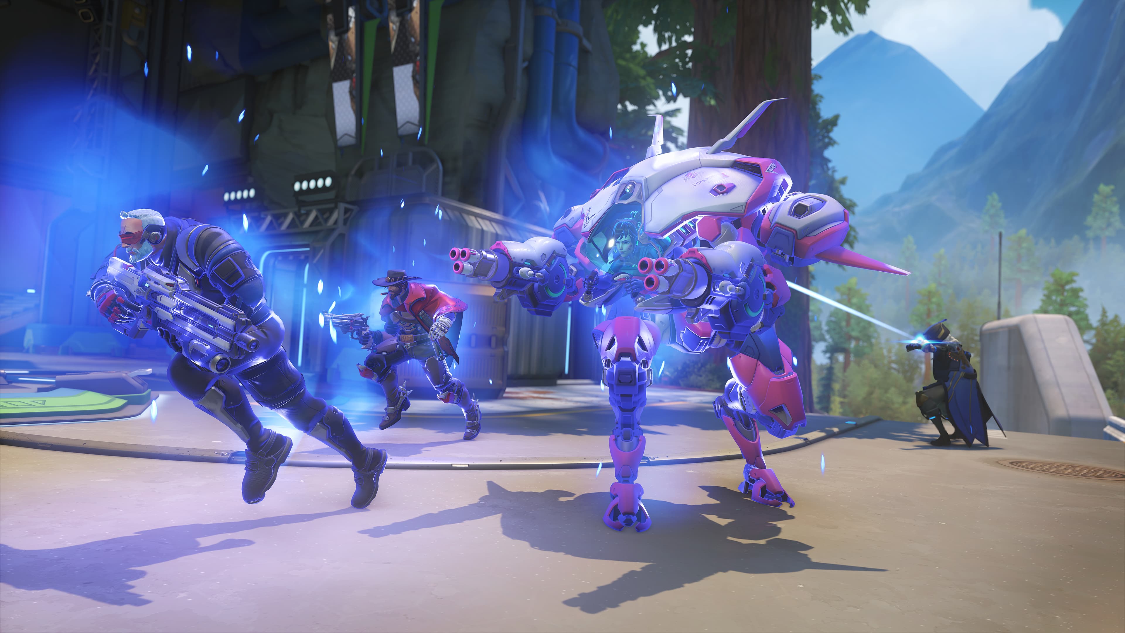 Overwatch 2 stadium mode gameplay, with Ana giving all of her allies a Nano Boost.