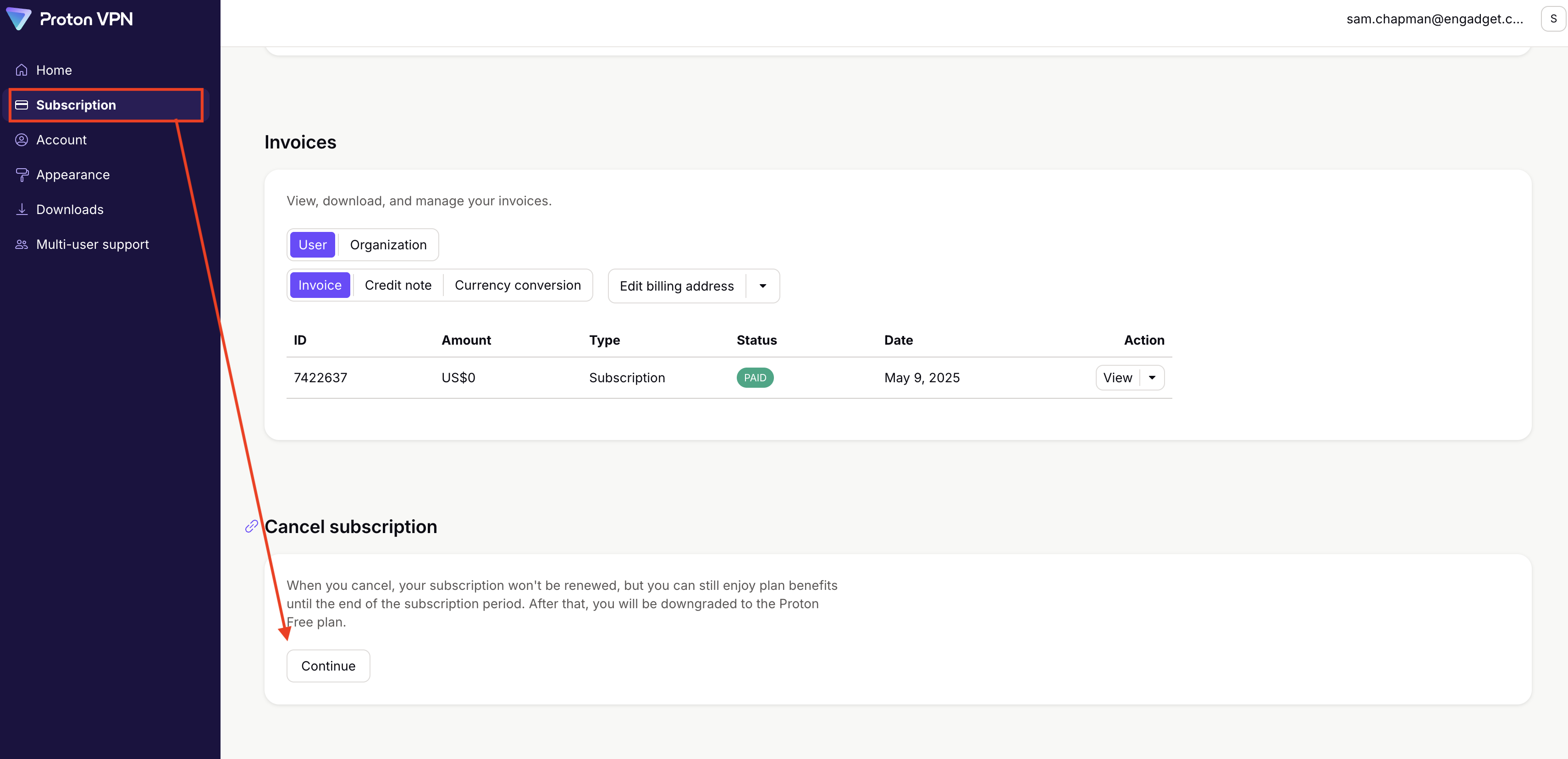 Cancel Proton VPN on desktop