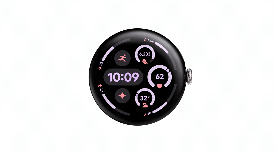 A gif showing the rounder and bouncier glances, app list and notifications from Wear OS 6.