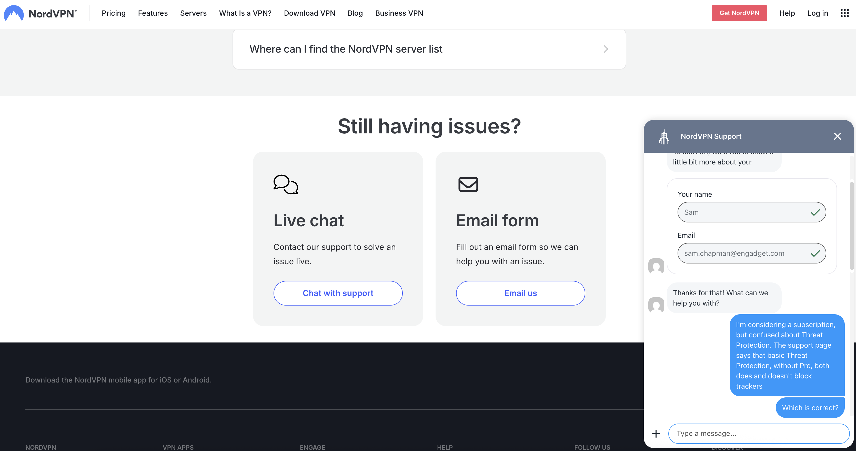 NordVPN live chat support