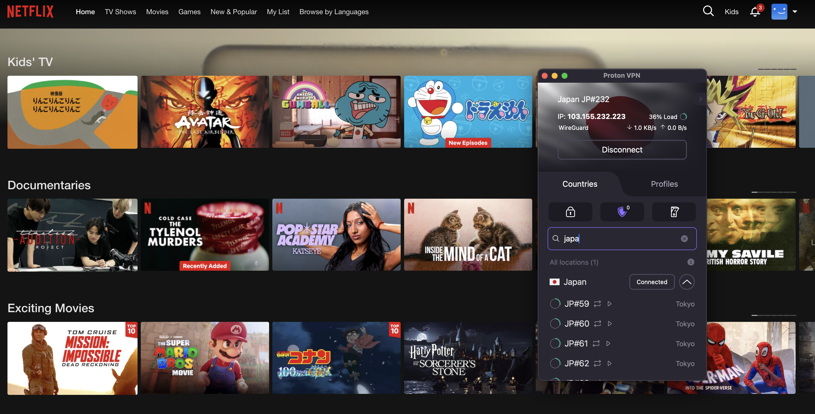 Proton VPN changed our virtual location so we saw the Japanese Netflix library.