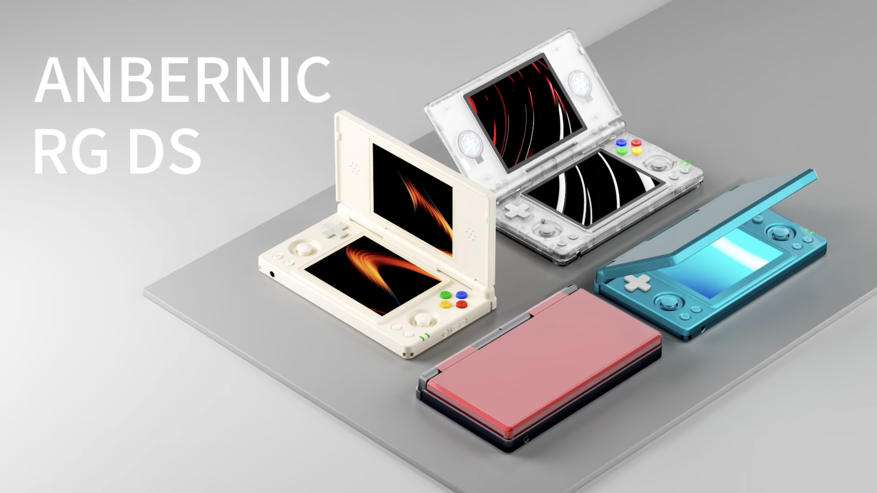 Anbernic's RG DS in four colorways, including white, transparent, blue and red/black.