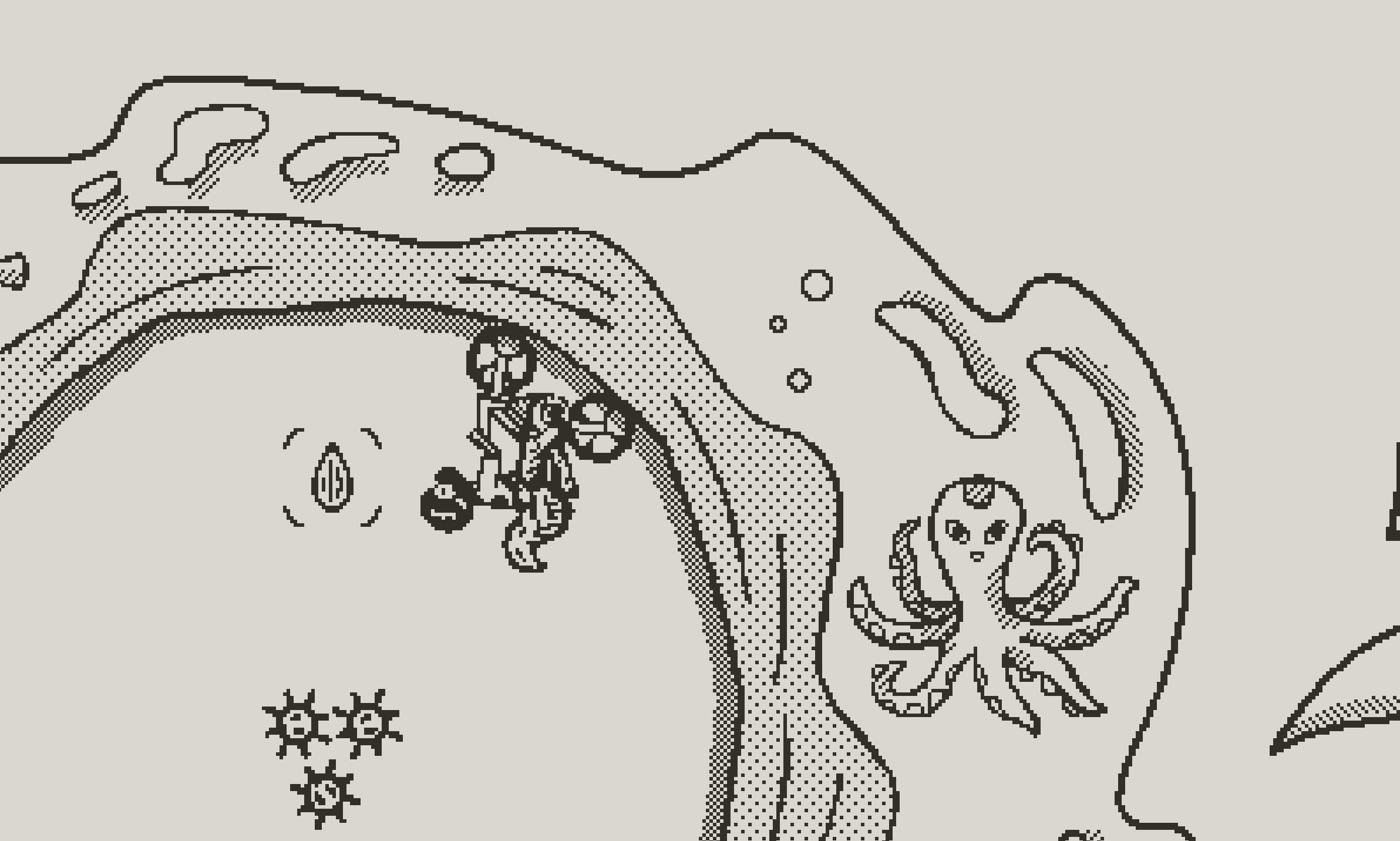 A still from the Playdate game Wheelsprung showing a squirrel riding a dirtbike upside-down in a looping track
