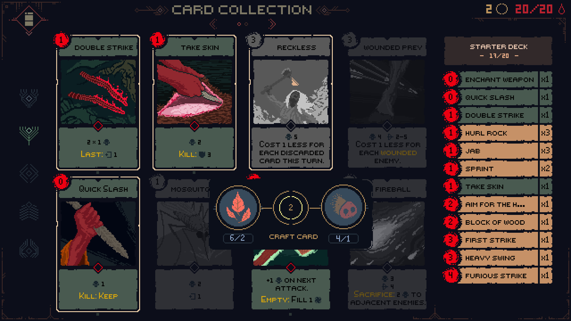 Deck-building screen from the indie title Death Howl. Various cards onscreen.