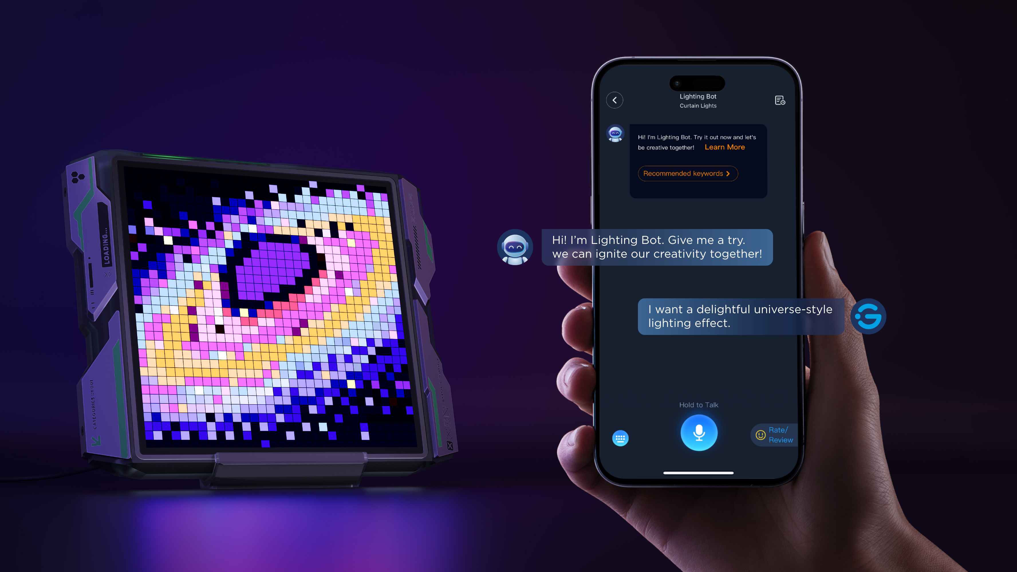 Product marketing image for the Govee Gaming Pixel Light. The pixel art light sits in the background. Foreground: a hand holding a phone with Govee's AI art generator onscreen.