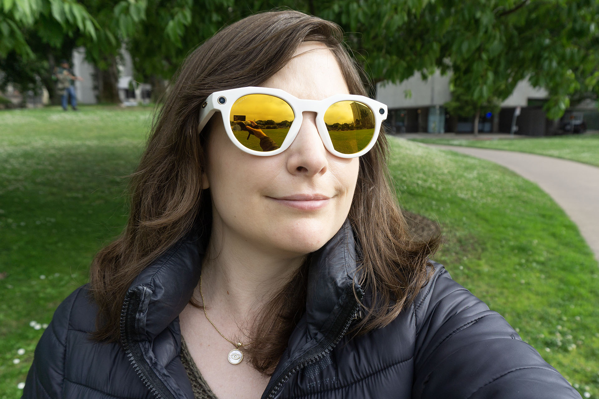 The big gold lenses and white frames give 