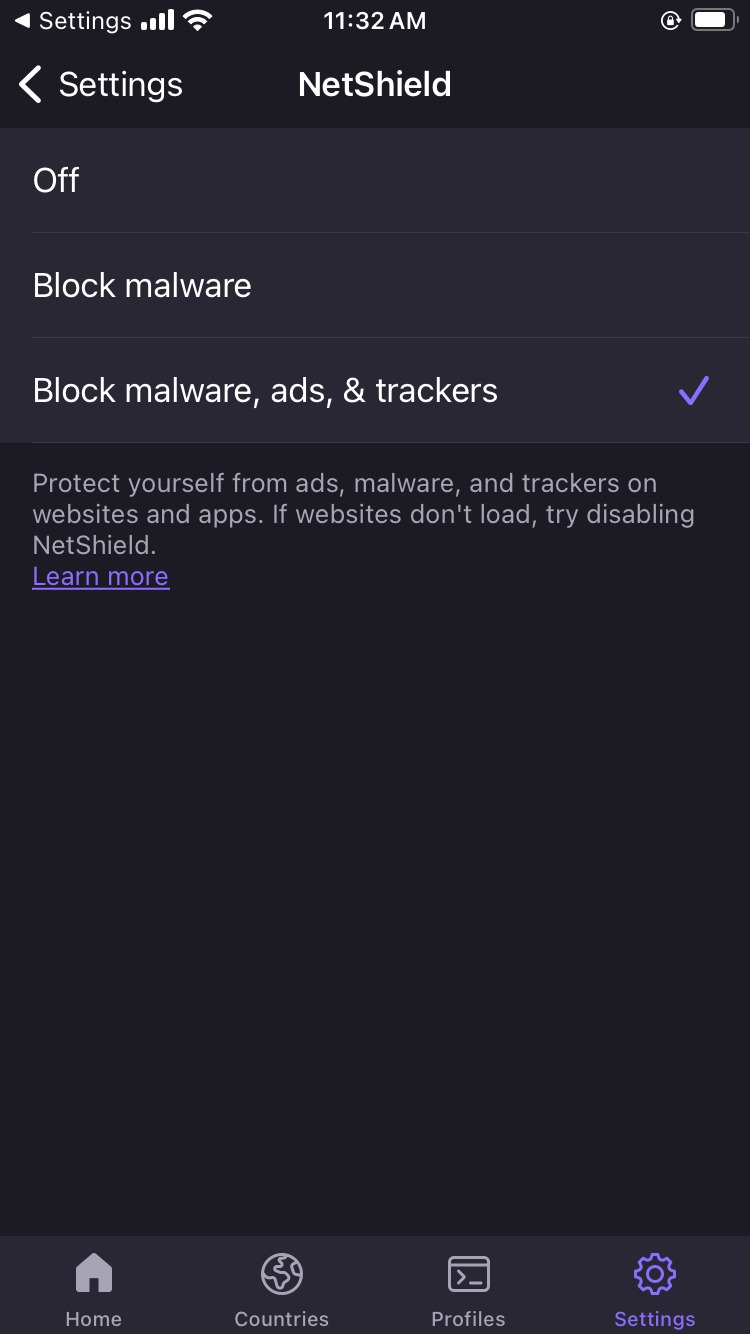 The Netshield page on Proton VPN's iOS app.