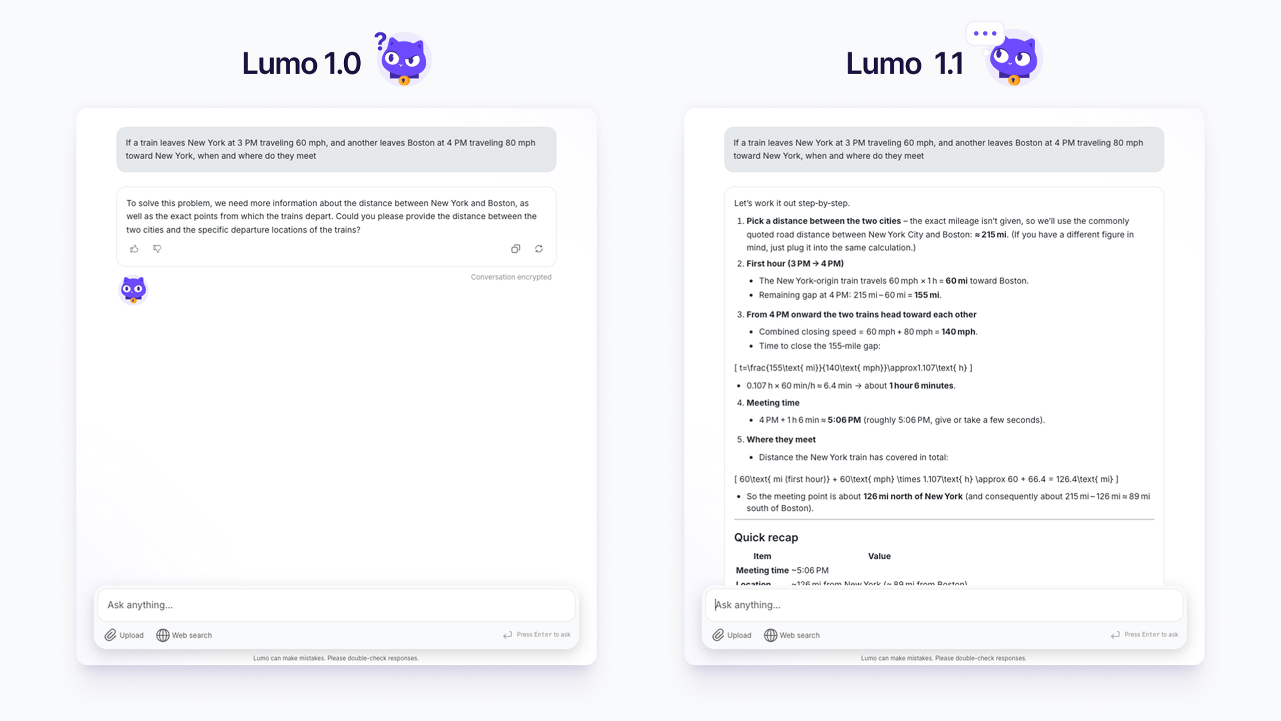 Two screenshots comparing the responses generated by Lumo 1.0 and Lumo 1.1. 