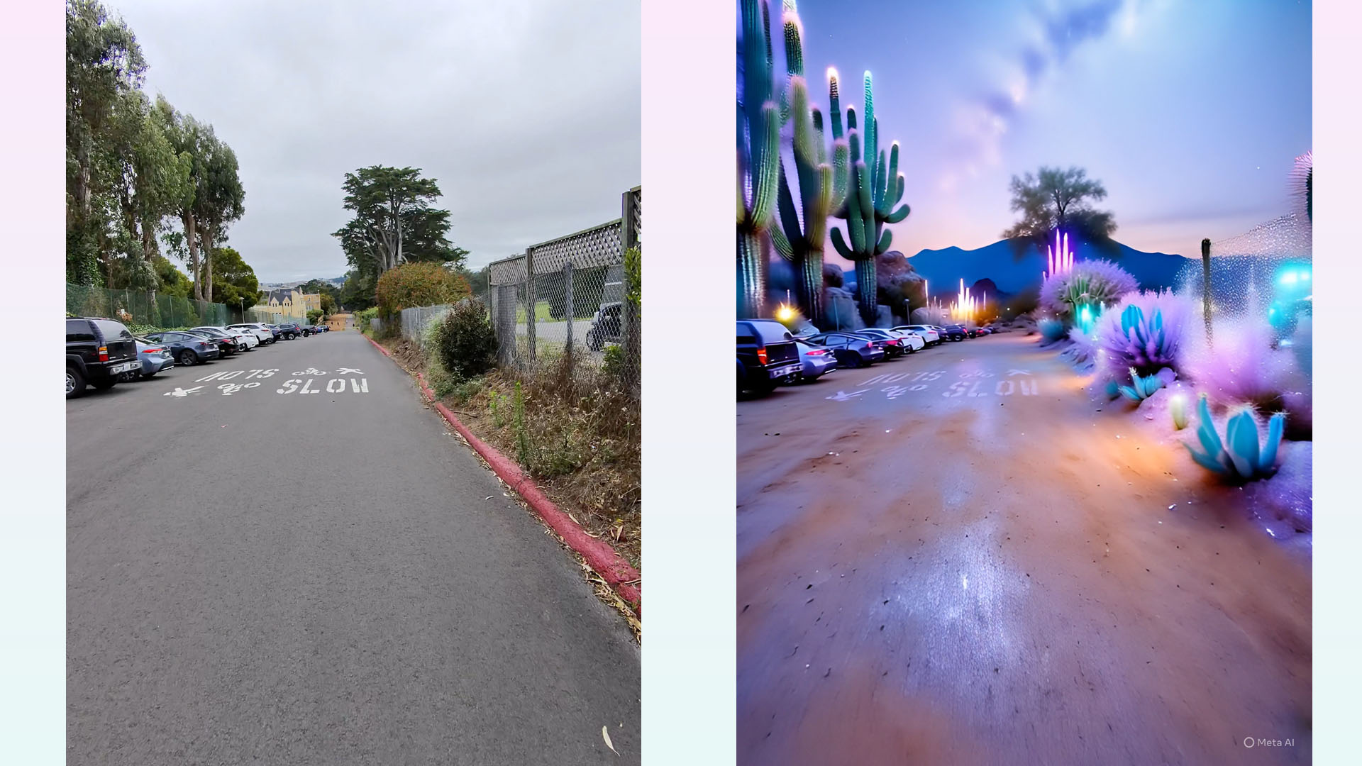 Stills from a video of a walk through a parking lot (left) restyled as 