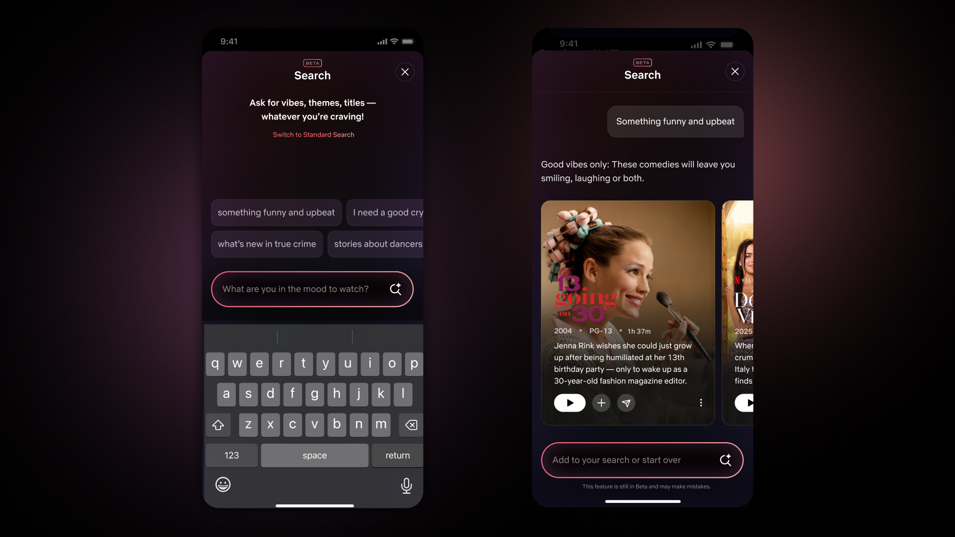 Screenshots of Netflix's generative AI search feature
