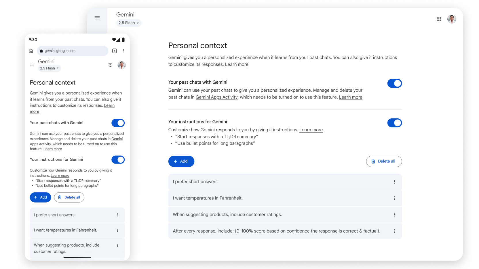 Screenshots in the Gemini app (phone and tablet), showing personal context settings.