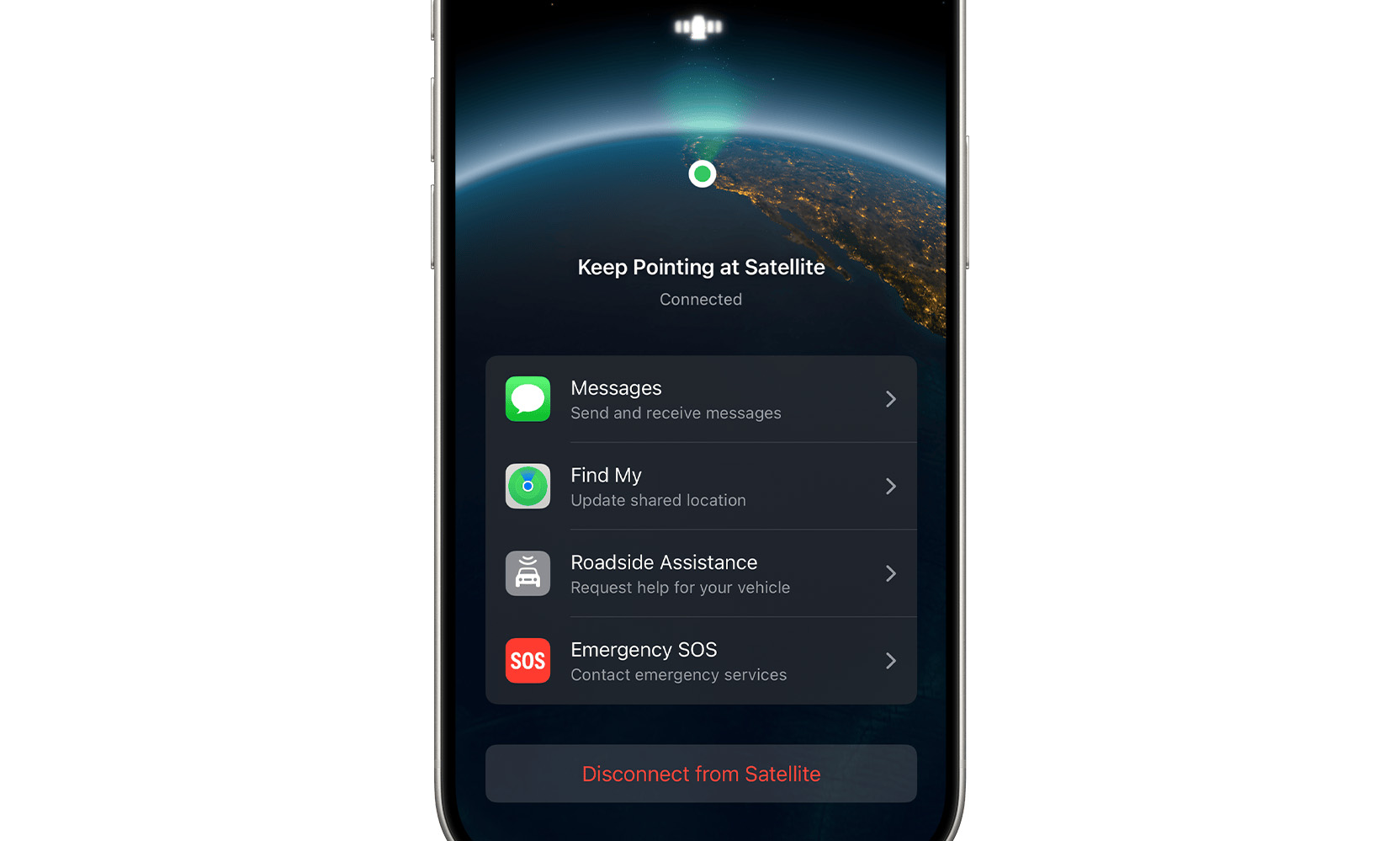 An iPhone screen showing the iPhone's satellite options.